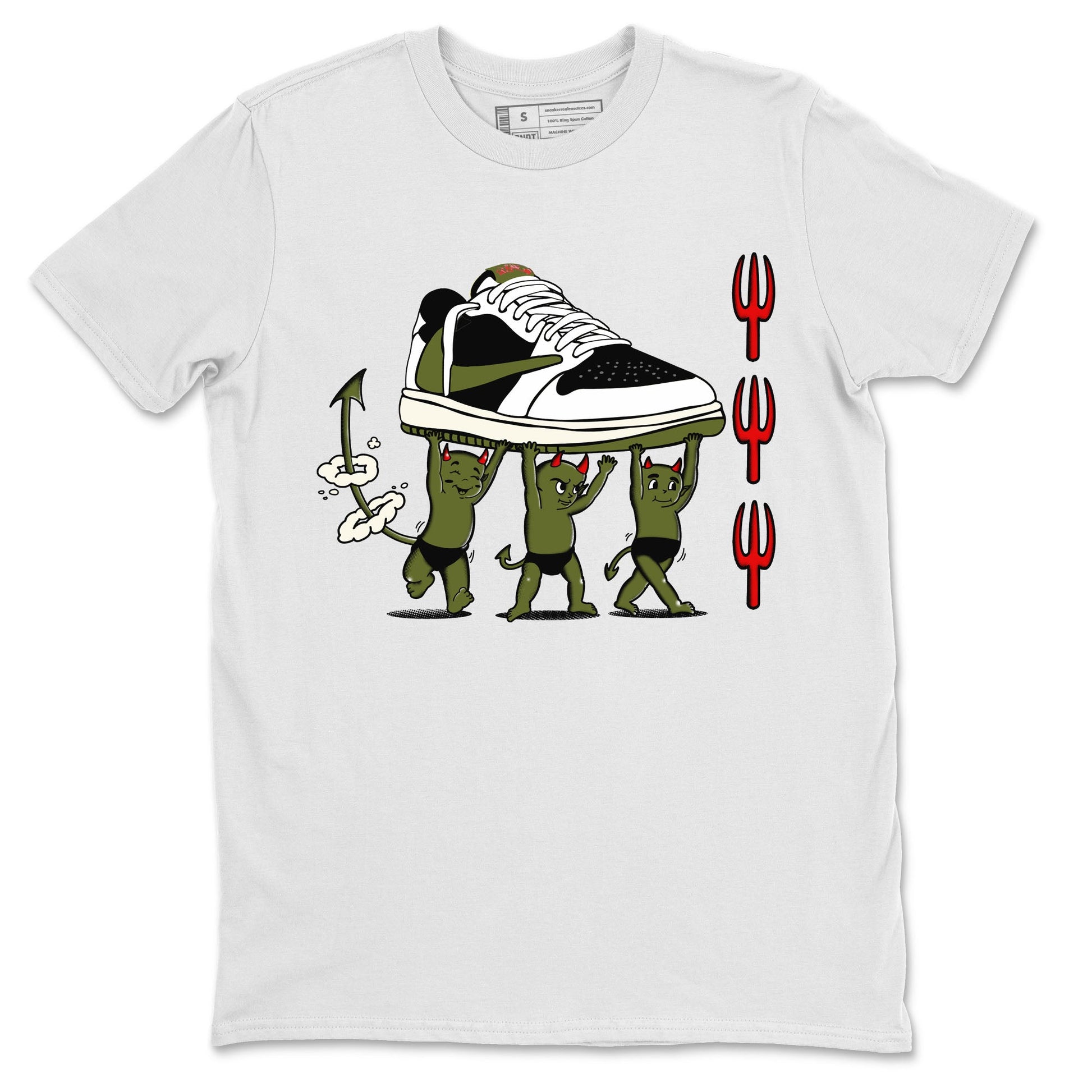 1s Travis Scott Olive shirts to match jordans Devil Babies sneaker match tees Air Jordan 1 Travis Scott Olive SNRT Sneaker Release Tees unisex cotton White 2 crew neck shirts