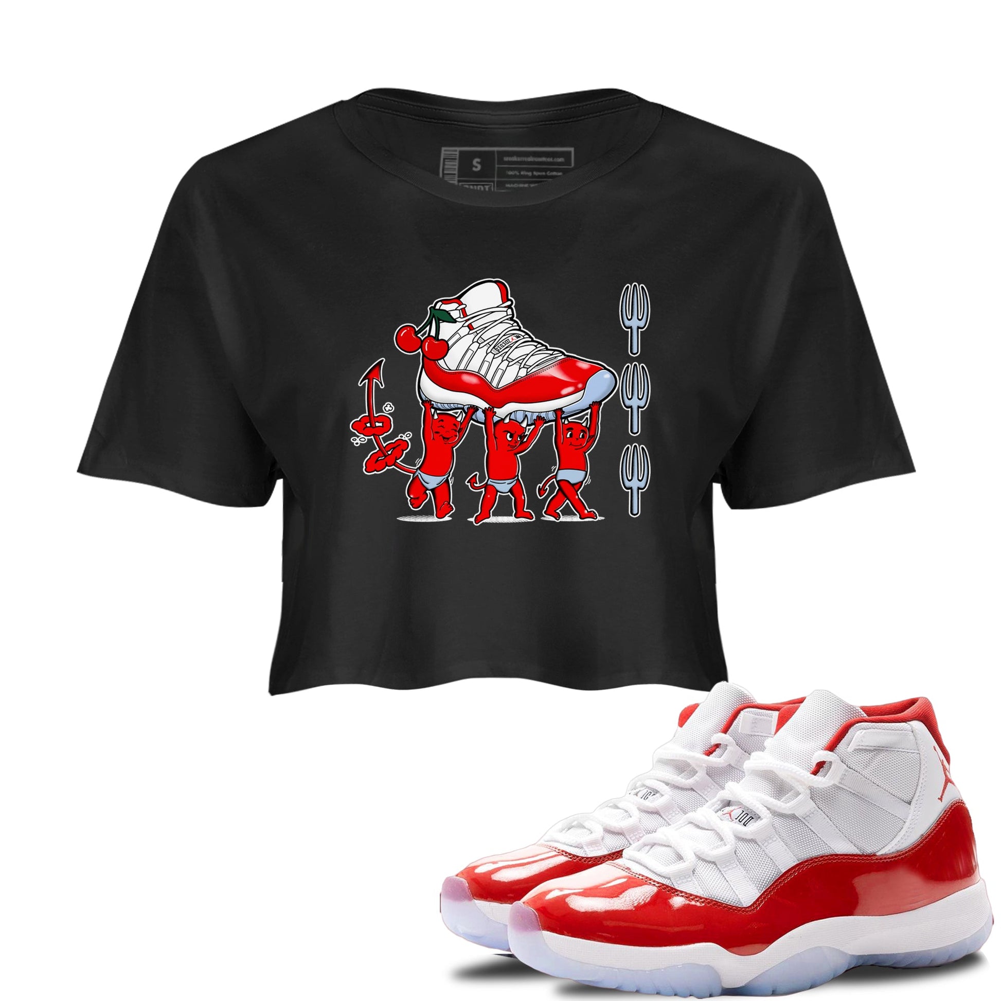 11s Cherry shirts to match jordans Devil Babies sneaker match tees Air Jordan 11 Retro Cherry match shoes to clothes SNRT Sneaker Tees unisex cotton Black 1 crop tee