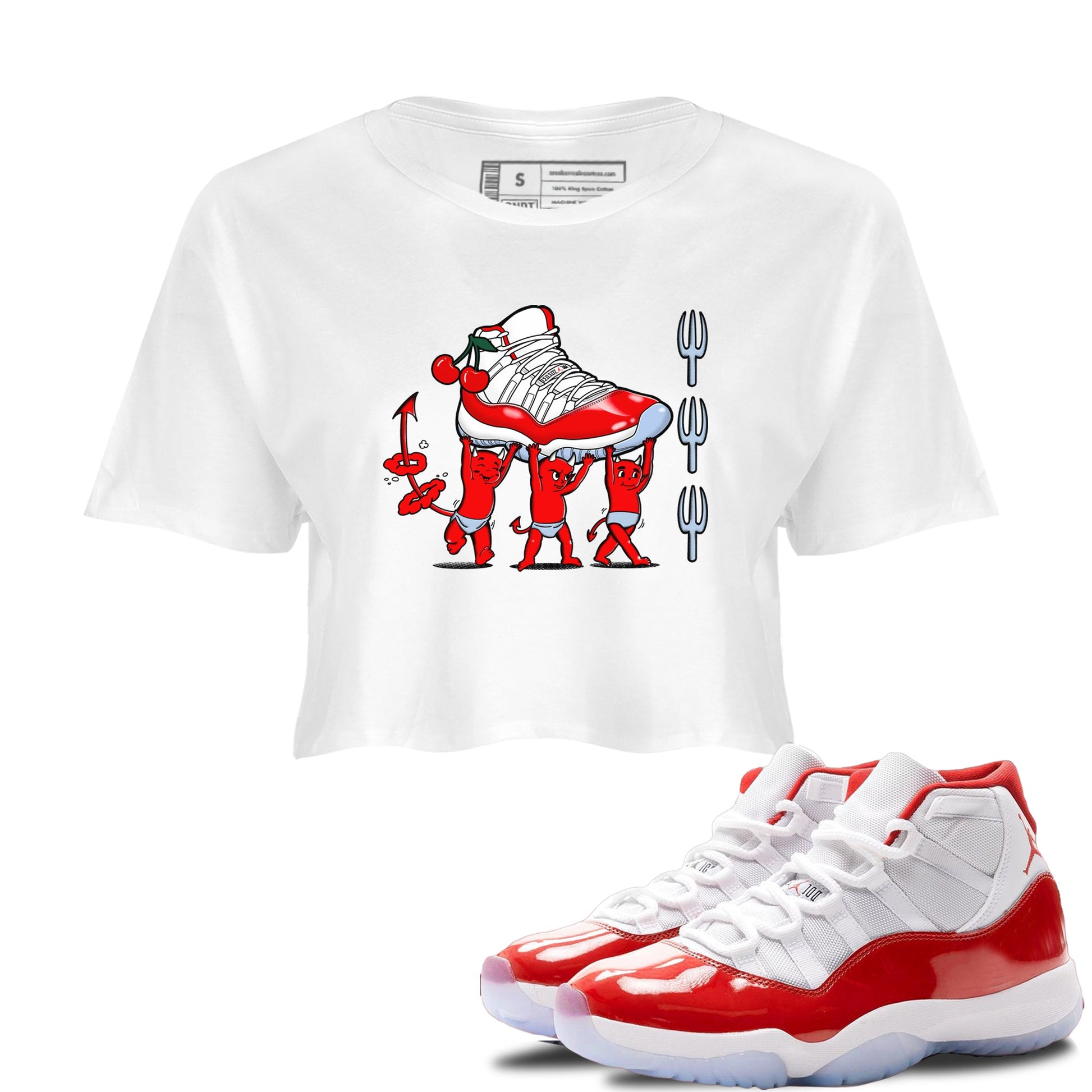 11s Cherry shirts to match jordans Devil Babies sneaker match tees Air Jordan 11 Retro Cherry match shoes to clothes SNRT Sneaker Tees unisex cotton White 1 crop tee