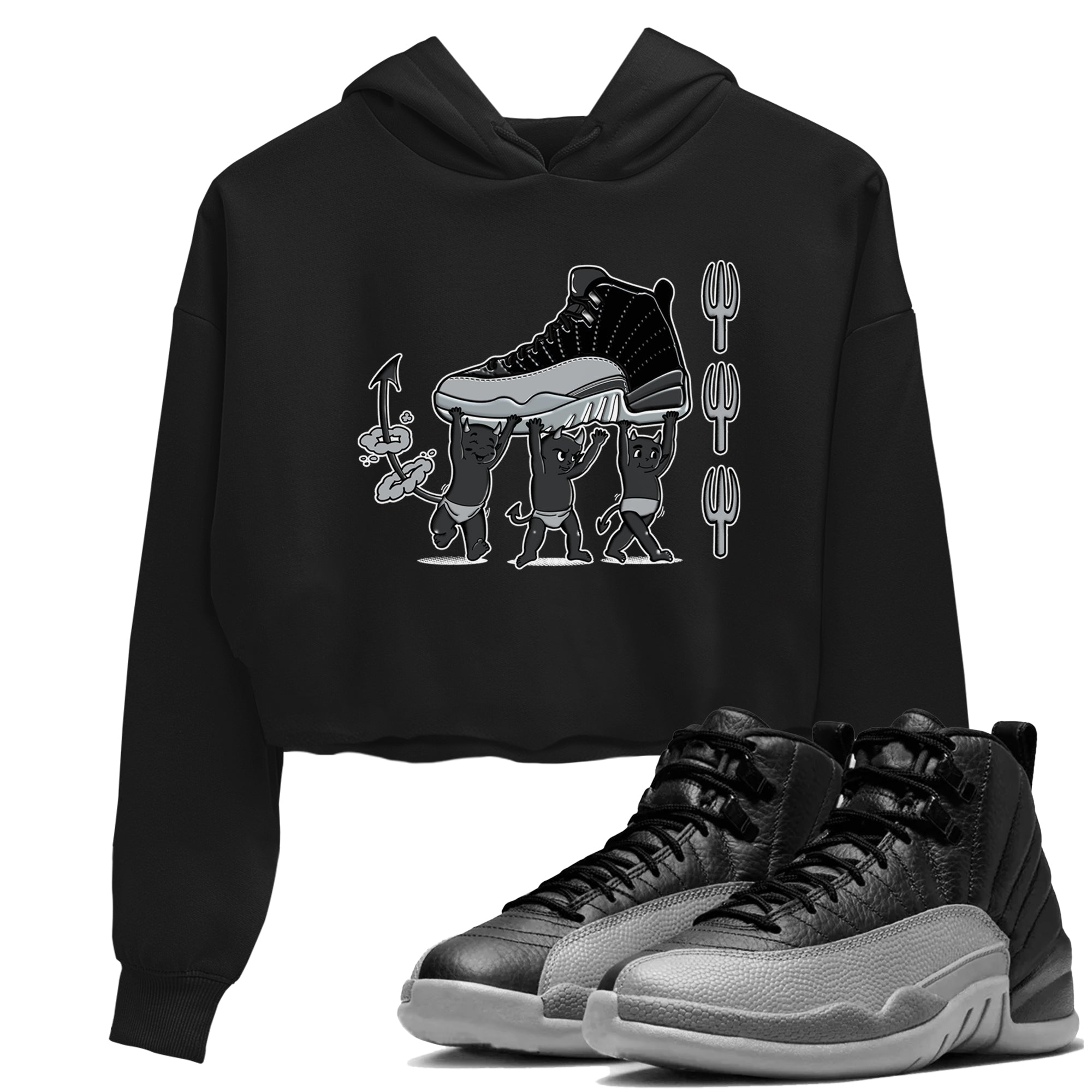 12s Black Wolf Grey shirts to match jordans Devil Babies sneaker match tees Air Jordan 12 Black Wolf Grey SNRT Sneaker Release Tees unisex cotton Black 1 Crop Shirts