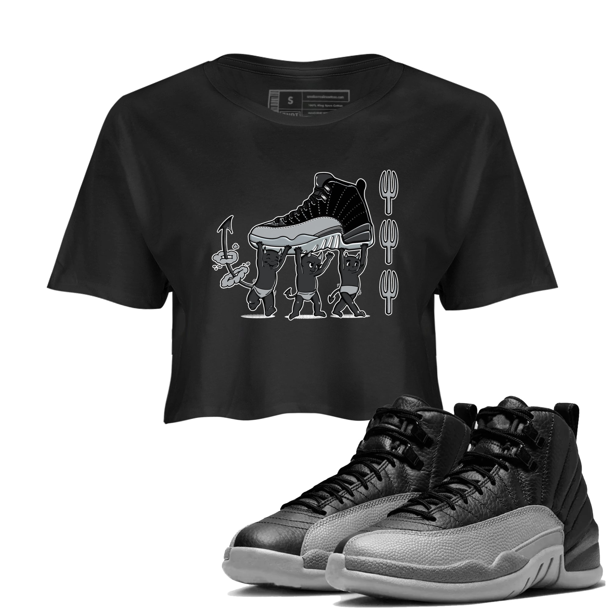 12s Black Wolf Grey shirts to match jordans Devil Babies sneaker match tees Air Jordan 12 Black Wolf Grey SNRT Sneaker Release Tees unisex cotton Black 1 Crop Shirts