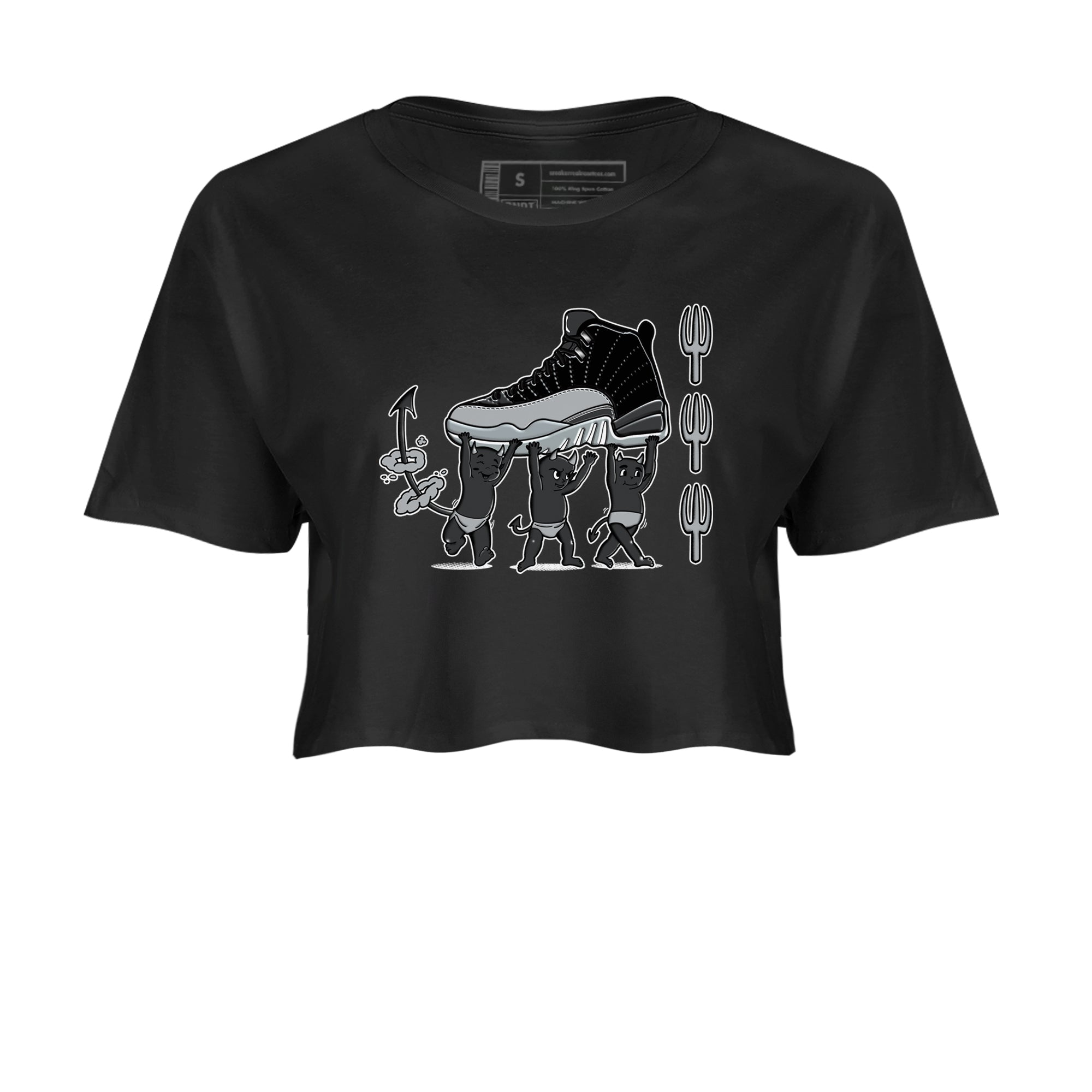 12s Black Wolf Grey shirts to match jordans Devil Babies sneaker match tees Air Jordan 12 Black Wolf Grey SNRT Sneaker Release Tees unisex cotton Black 2 Crop Shirts