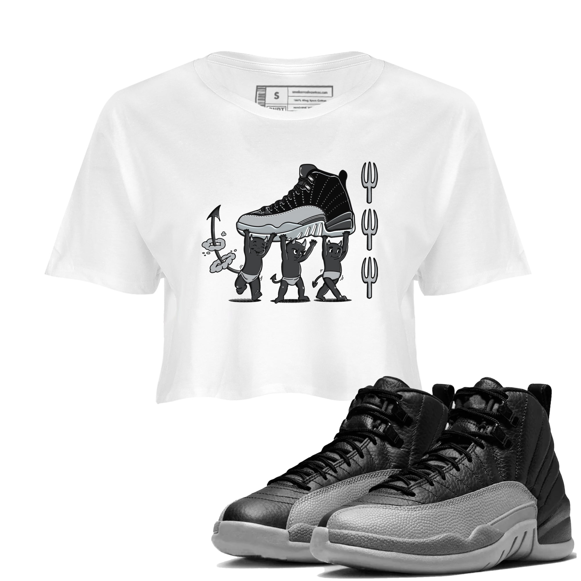 12s Black Wolf Grey shirts to match jordans Devil Babies sneaker match tees Air Jordan 12 Black Wolf Grey SNRT Sneaker Release Tees unisex cotton White 1 Crop Shirts