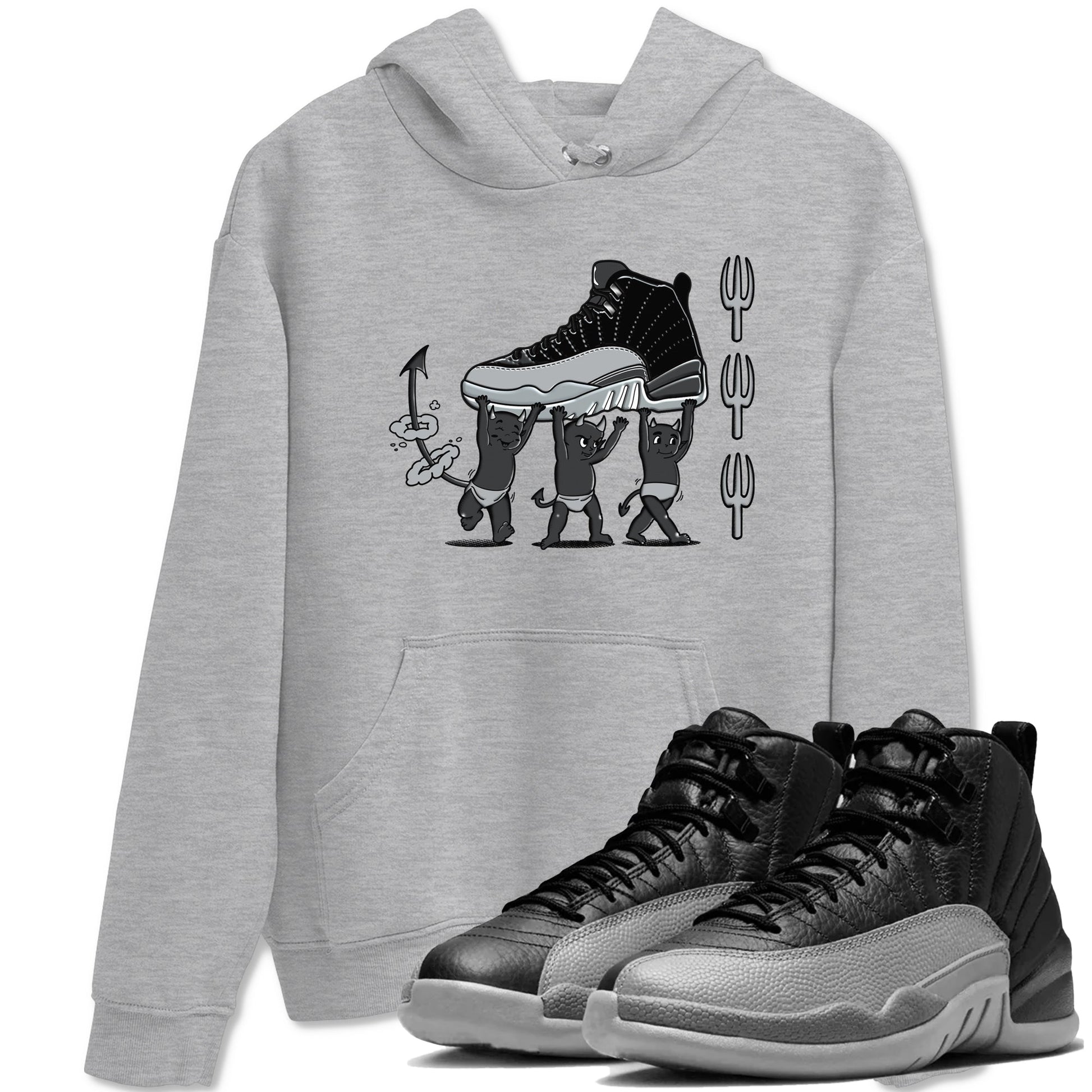 12s Black Wolf Grey shirts to match jordans Devil Babies sneaker match tees Air Jordan 12 Black Wolf Grey SNRT Sneaker Release Tees unisex cotton Heather Grey 1 crew neck shirts