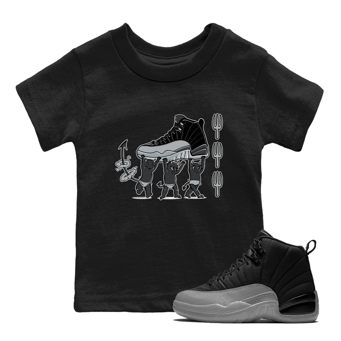 12s Black Wolf Grey shirts to match jordans Devil Babies sneaker match tees Air Jordan 12 Black Wolf Grey SNRT Sneaker Release Tees Youth Baby Black 1 crew neck shirts