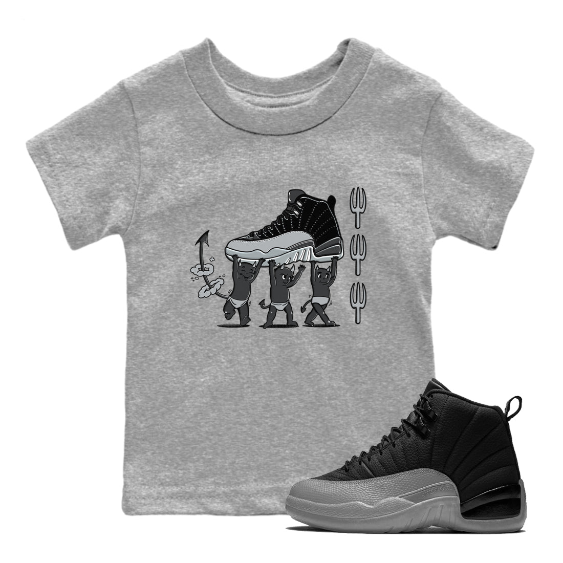 12s Black Wolf Grey shirts to match jordans Devil Babies sneaker match tees Air Jordan 12 Black Wolf Grey SNRT Sneaker Release Tees Youth Baby Heather Grey 1 crew neck shirts