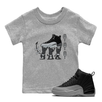12s Black Wolf Grey shirts to match jordans Devil Babies sneaker match tees Air Jordan 12 Black Wolf Grey SNRT Sneaker Release Tees Youth Baby Heather Grey 1 crew neck shirts