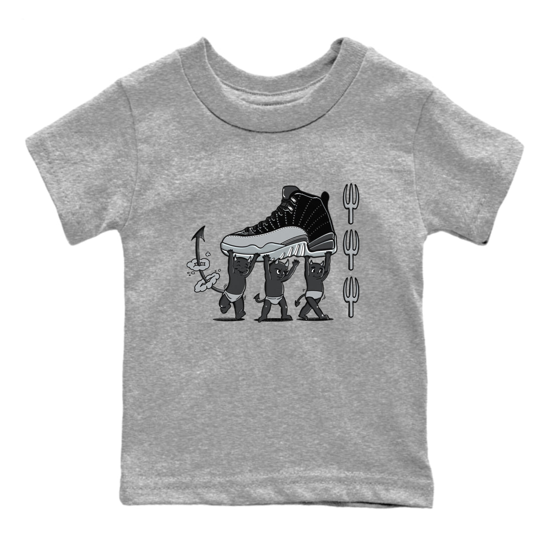 12s Black Wolf Grey shirts to match jordans Devil Babies sneaker match tees Air Jordan 12 Black Wolf Grey SNRT Sneaker Release Tees Youth Baby Heather Grey 2 crew neck shirts