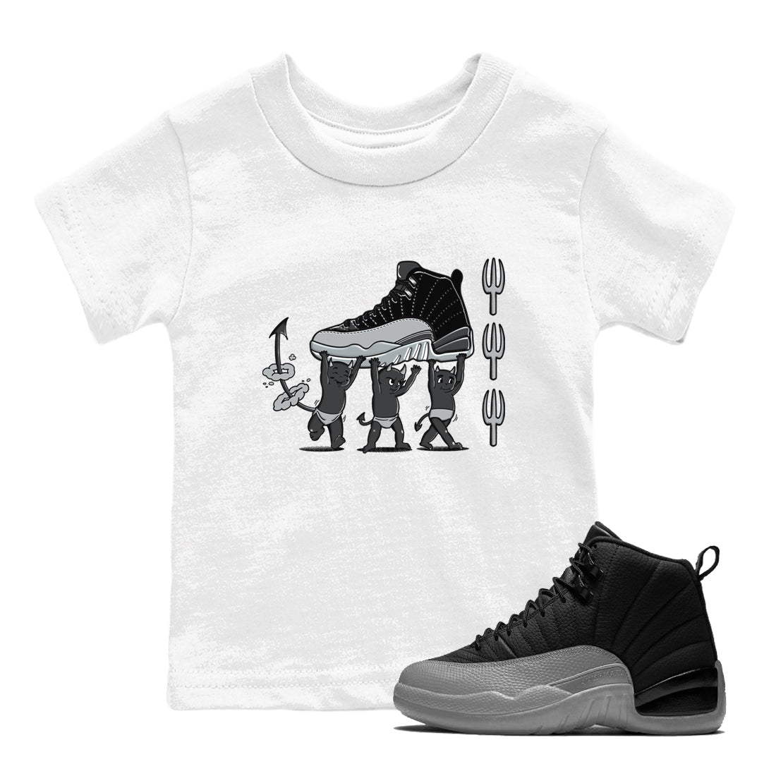 12s Black Wolf Grey shirts to match jordans Devil Babies sneaker match tees Air Jordan 12 Black Wolf Grey SNRT Sneaker Release Tees Youth Baby White 1 crew neck shirts