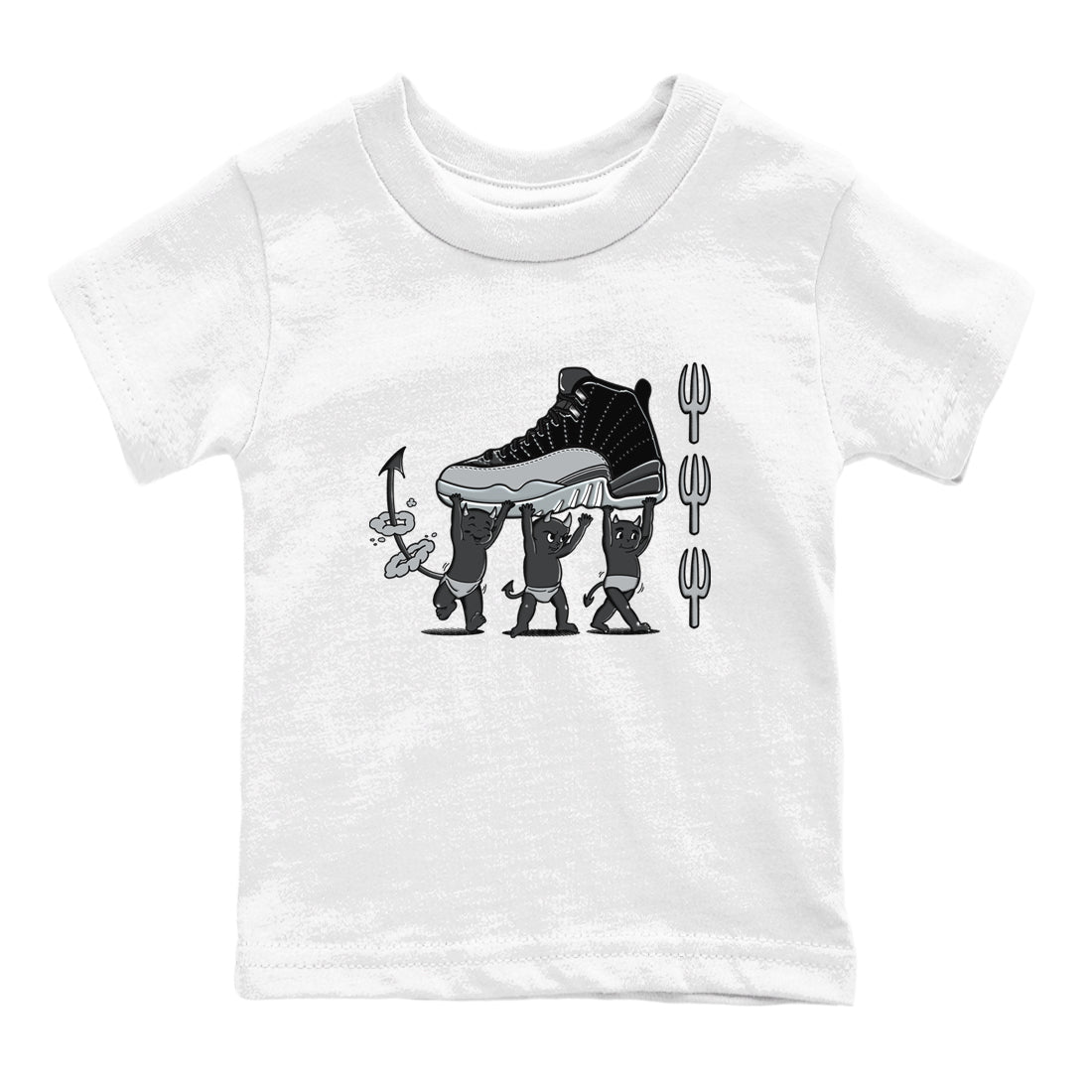 12s Black Wolf Grey shirts to match jordans Devil Babies sneaker match tees Air Jordan 12 Black Wolf Grey SNRT Sneaker Release Tees Youth Baby White 2 crew neck shirts