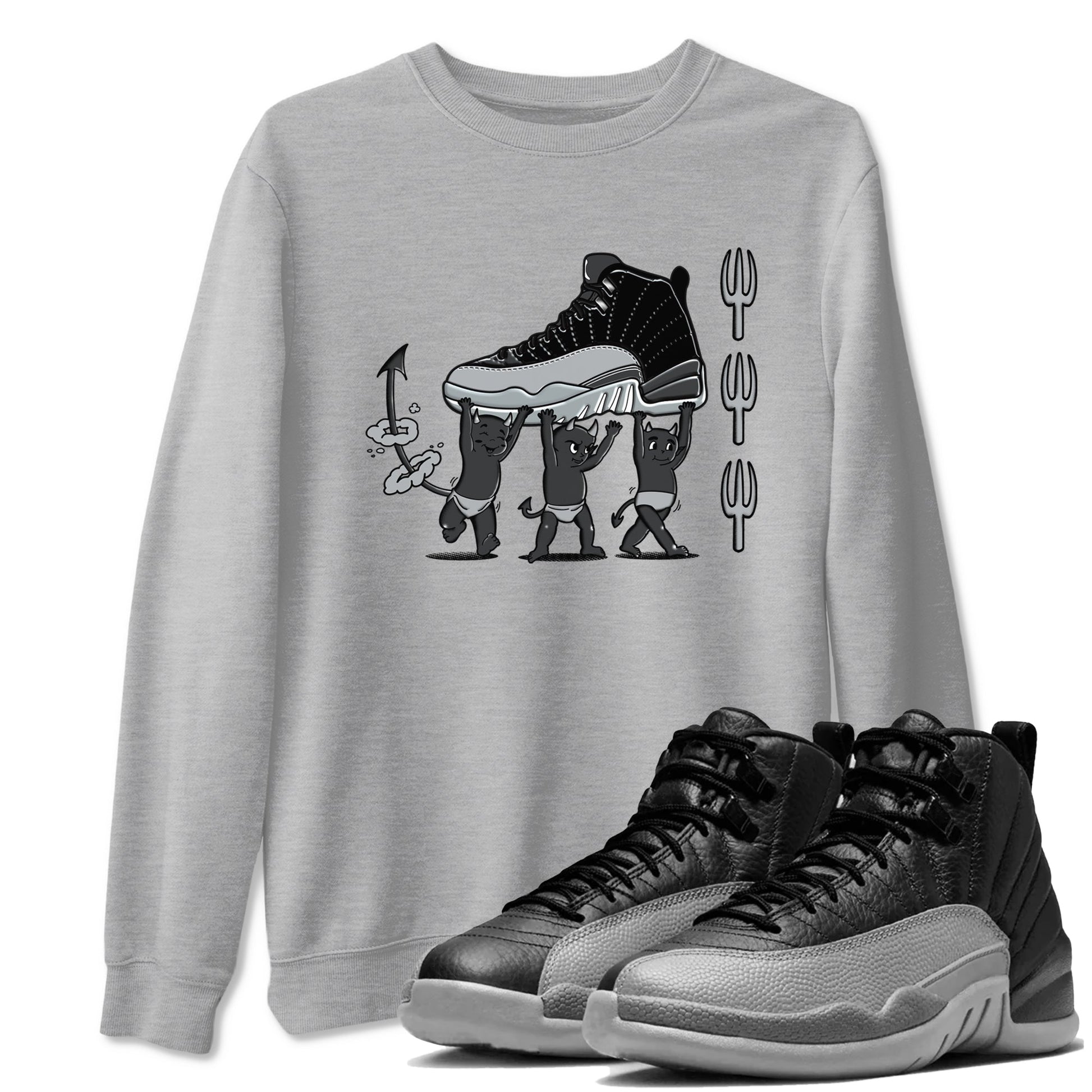 12s Black Wolf Grey shirts to match jordans Devil Babies sneaker match tees Air Jordan 12 Black Wolf Grey SNRT Sneaker Release Tees unisex cotton Heather Grey 1 crew neck shirts