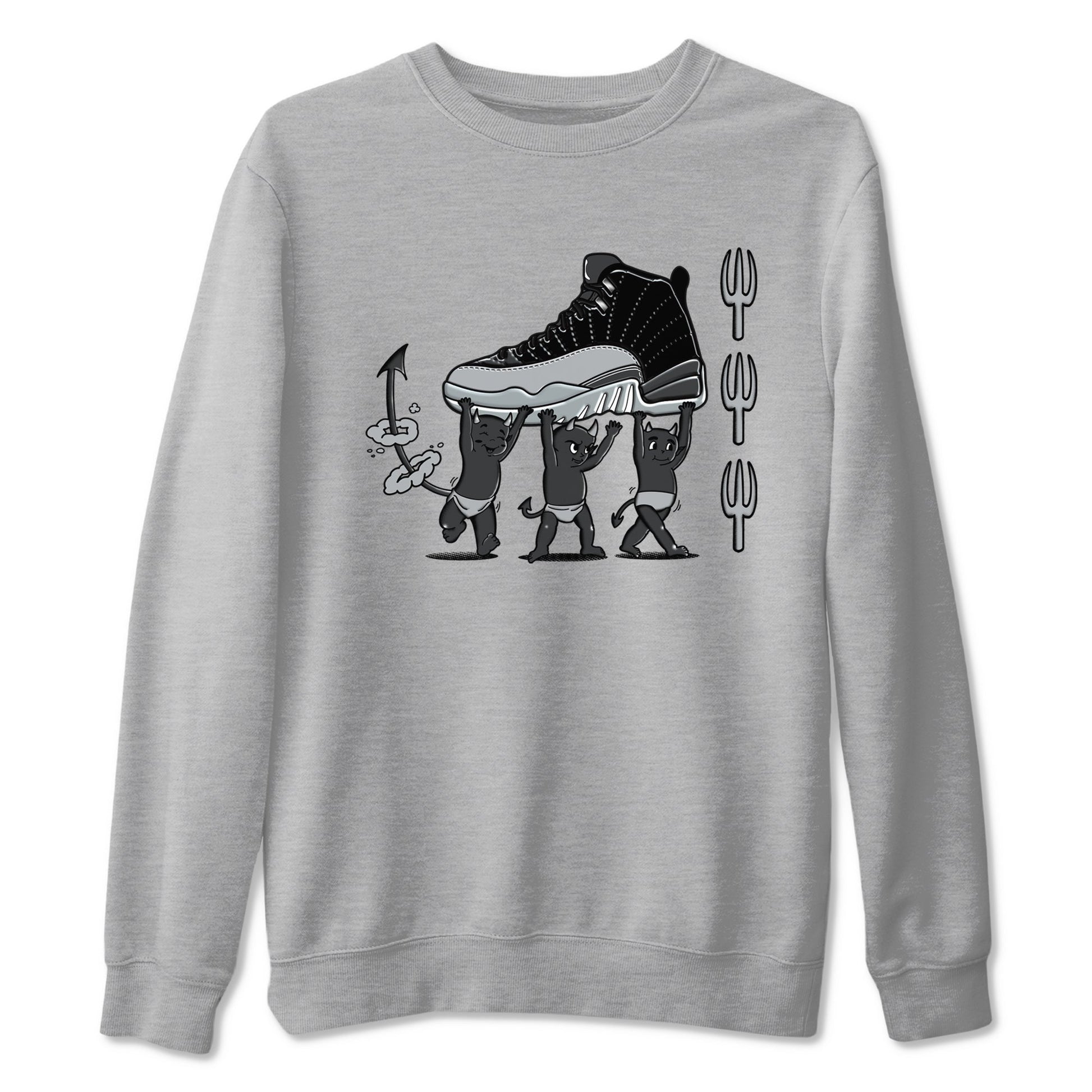 12s Black Wolf Grey shirts to match jordans Devil Babies sneaker match tees Air Jordan 12 Black Wolf Grey SNRT Sneaker Release Tees unisex cotton Heather Grey 2 crew neck shirts