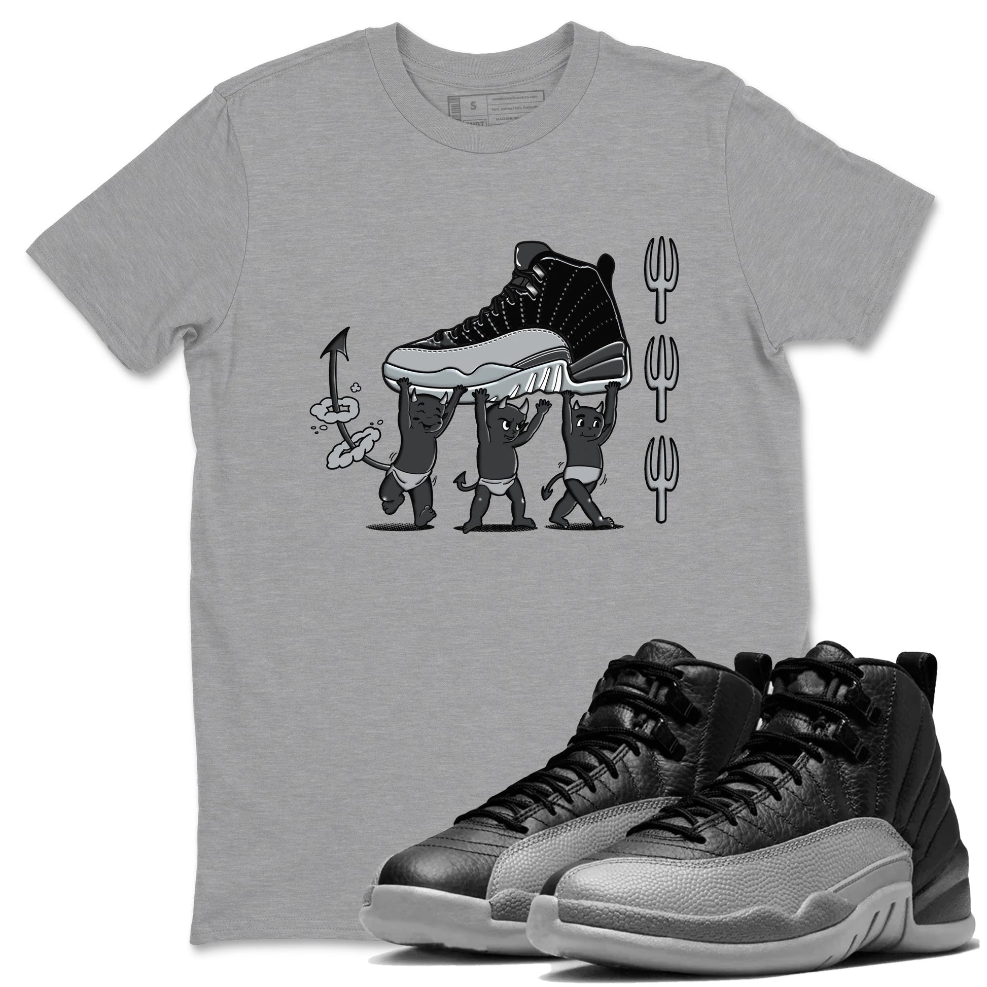 12s Black Wolf Grey shirts to match jordans Devil Babies sneaker match tees Air Jordan 12 Black Wolf Grey SNRT Sneaker Release Tees unisex cotton Heather Grey 1 crew neck shirts