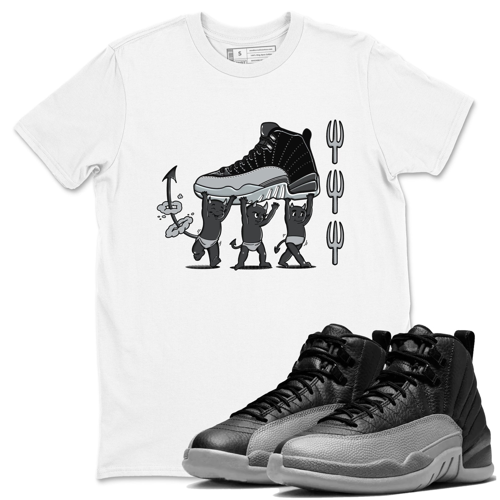 12s Black Wolf Grey shirts to match jordans Devil Babies sneaker match tees Air Jordan 12 Black Wolf Grey SNRT Sneaker Release Tees unisex cotton White 1 crew neck shirts