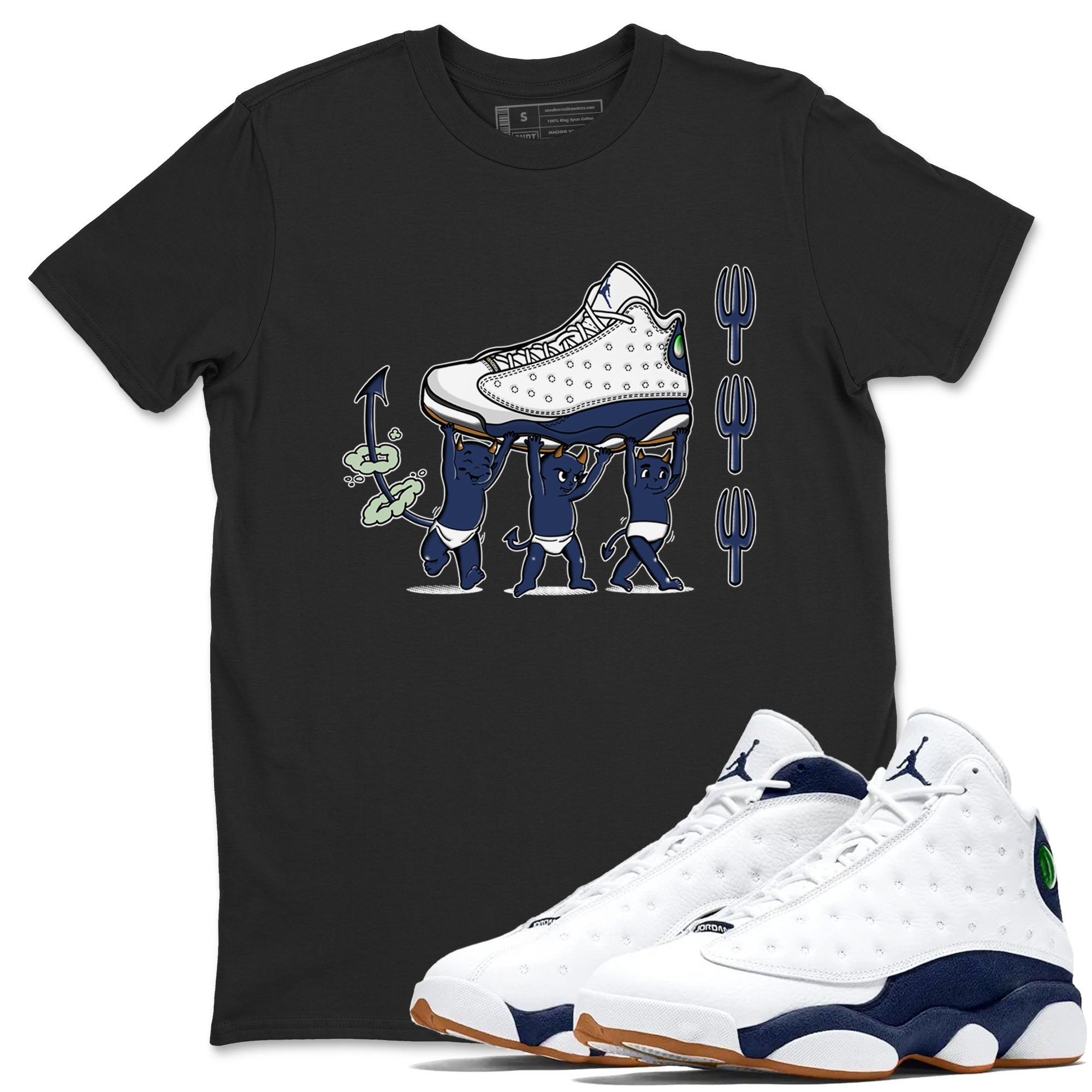 13s Midnight Navy shirts to match jordans Devil Babies sneaker match tees Air Jordan 13 Midnight Navy SNRT Sneaker Release Tees unisex cotton Black 1 crew neck shirts