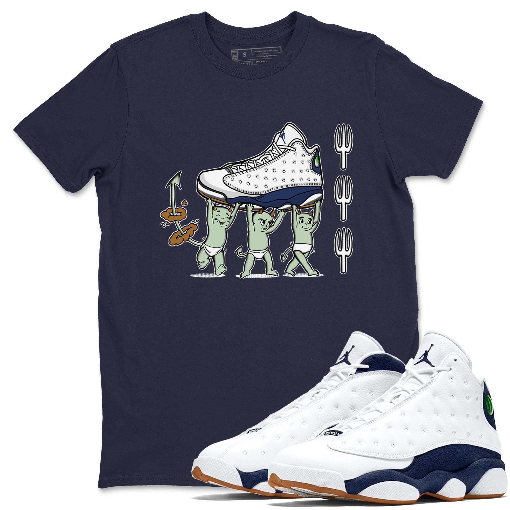 13s Midnight Navy shirts to match jordans Devil Babies sneaker match tees Air Jordan 13 Midnight Navy SNRT Sneaker Release Tees unisex cotton Navy 1 crew neck shirts