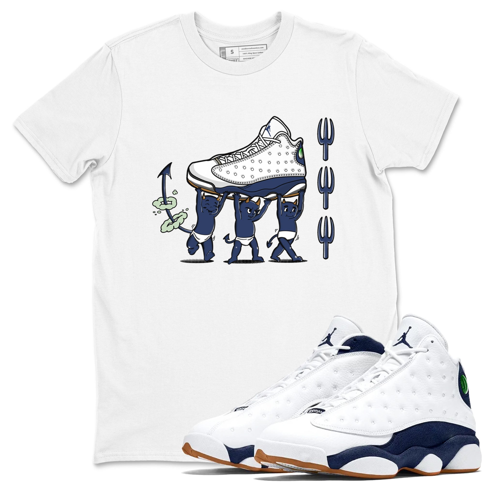13s Midnight Navy shirts to match jordans Devil Babies sneaker match tees Air Jordan 13 Midnight Navy SNRT Sneaker Release Tees unisex cotton White 1 crew neck shirts