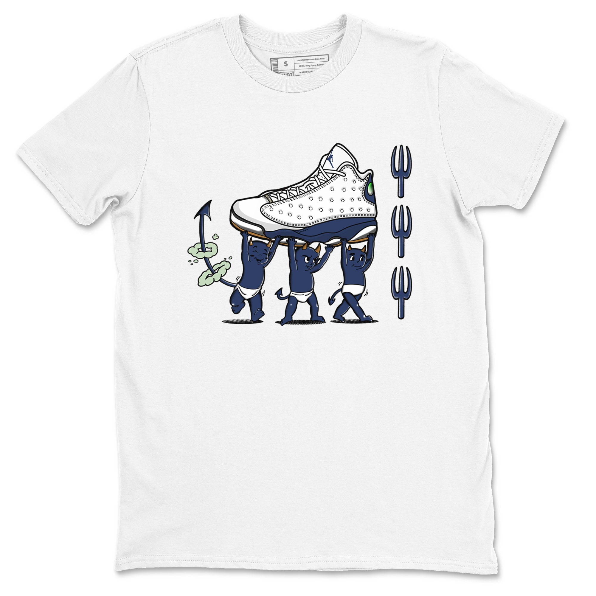 13s Midnight Navy shirts to match jordans Devil Babies sneaker match tees Air Jordan 13 Midnight Navy SNRT Sneaker Release Tees unisex cotton White 2 crew neck shirts