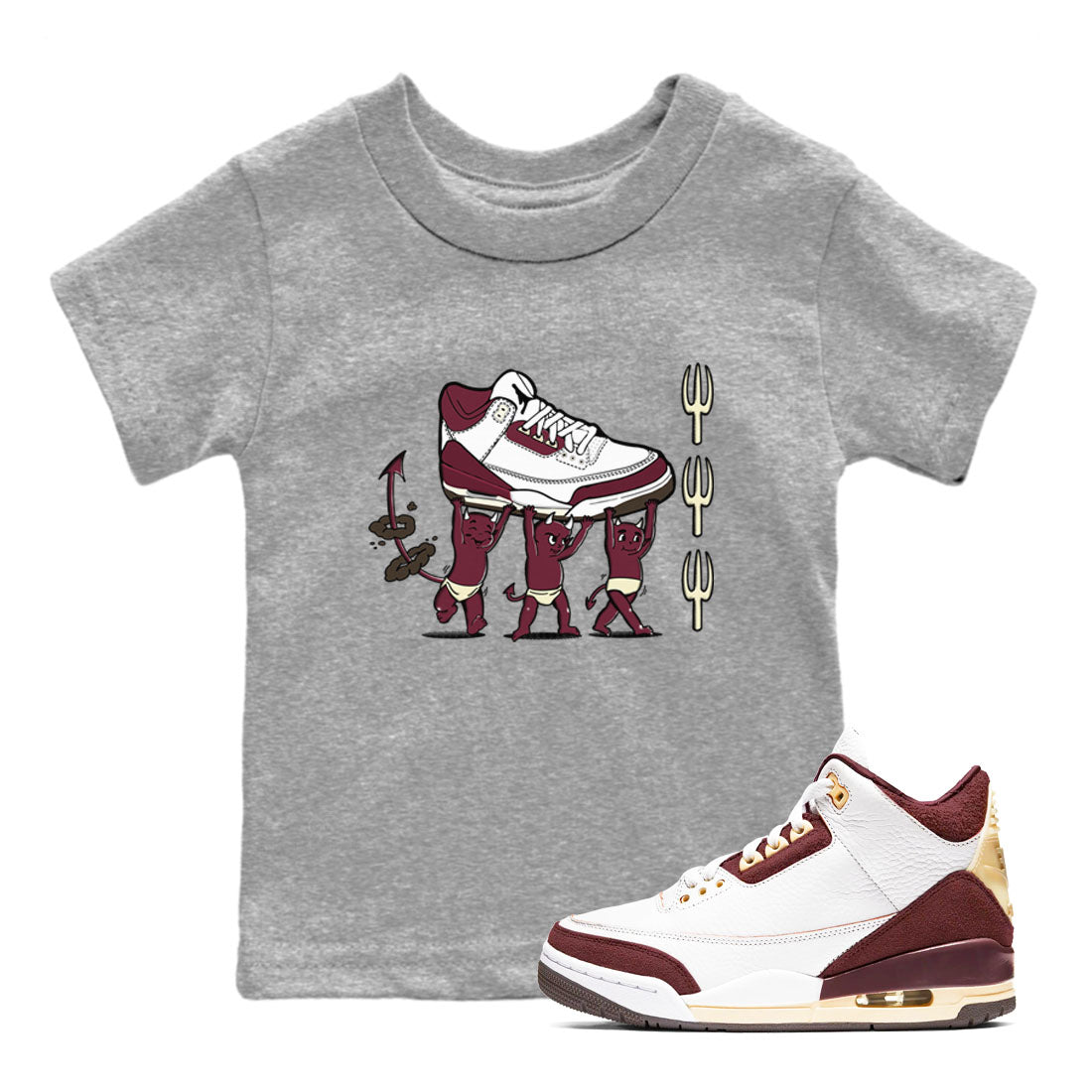 Air Jordan 3 A Ma Maniere Burgundy Crush shirts to match jordans Devil Babies sneaker match tees Air Jordan 3 A Ma Maniere x Burgundy Crush SNRT Sneaker Release Tees Youth Baby Heather Grey 1 crew neck shirts