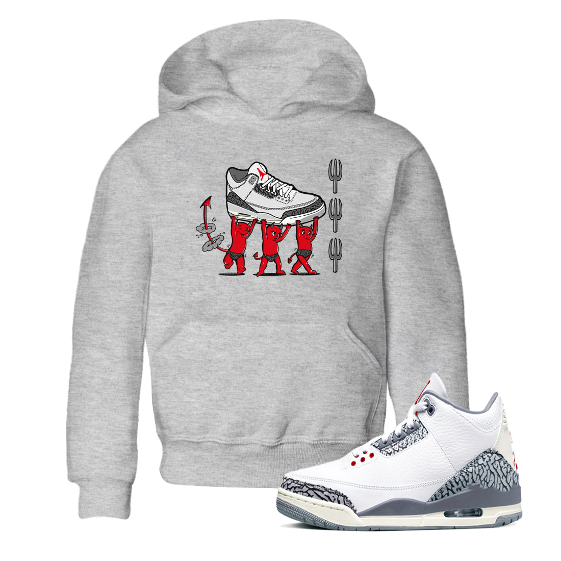 3s Cement Grey shirts to match jordans Devil Babies sneaker match tees Air Jordan 3 Cement Grey SNRT Sneaker Release Tees Youth Baby Heather Grey 1 crew neck shirts