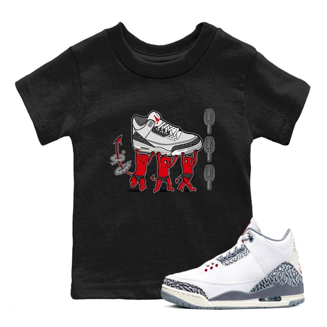 3s Cement Grey shirts to match jordans Devil Babies sneaker match tees Air Jordan 3 Cement Grey SNRT Sneaker Release Tees Youth Baby Black 1 crew neck shirts