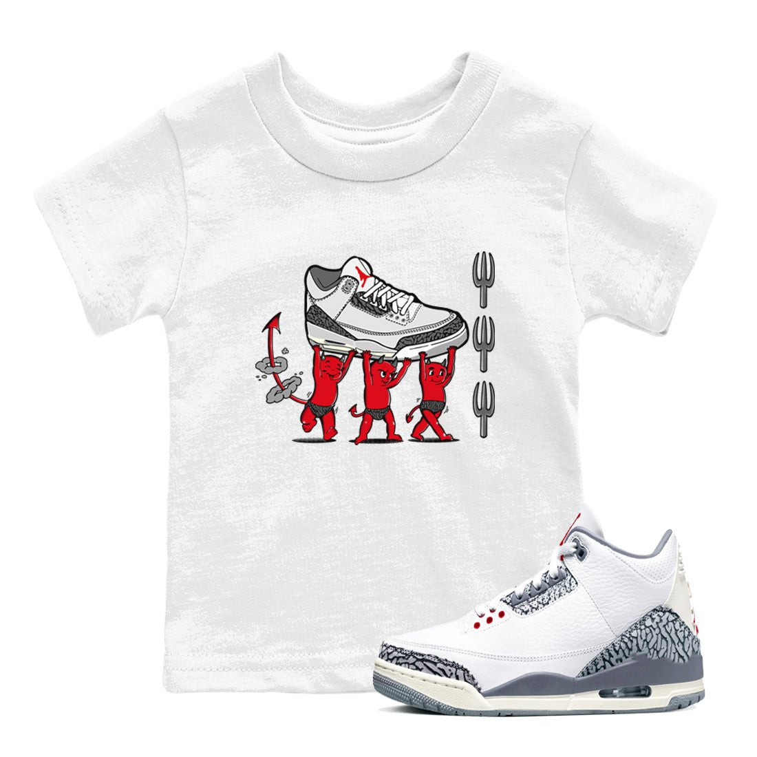 3s Cement Grey shirts to match jordans Devil Babies sneaker match tees Air Jordan 3 Cement Grey SNRT Sneaker Release Tees Youth Baby White 1 crew neck shirts