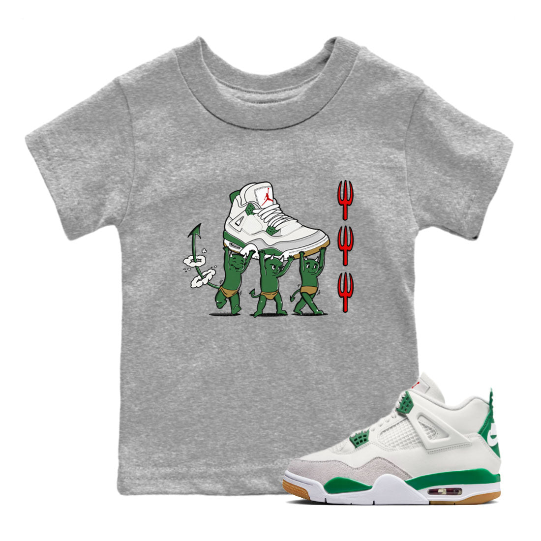 4s Pine Green shirts to match jordans Devil Babies sneaker match tees Air Jordan 4 Pine Green SNRT Sneaker Release Tees Youth Baby Heather Grey 1 crew neck shirts