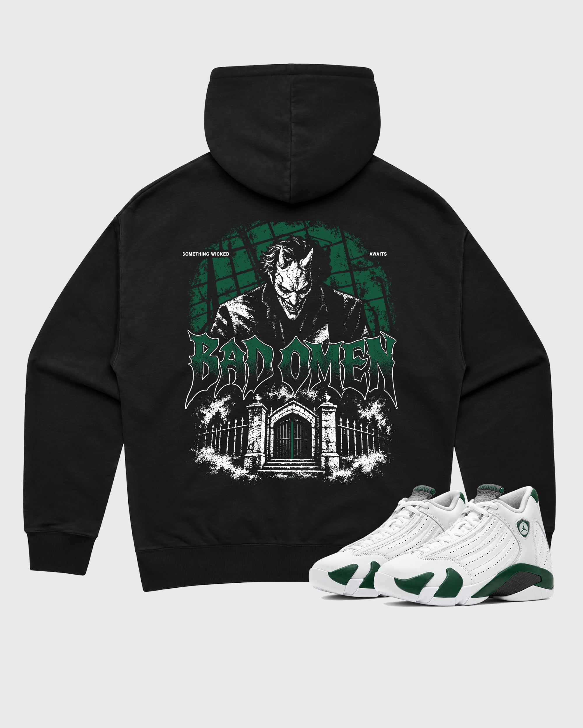 Devils Gate Black Graphic Hoodie - 1, a sneaker matching hoodie designed to pair with AJ14 Forest Green sneakers for a coordinated sneaker outfit.