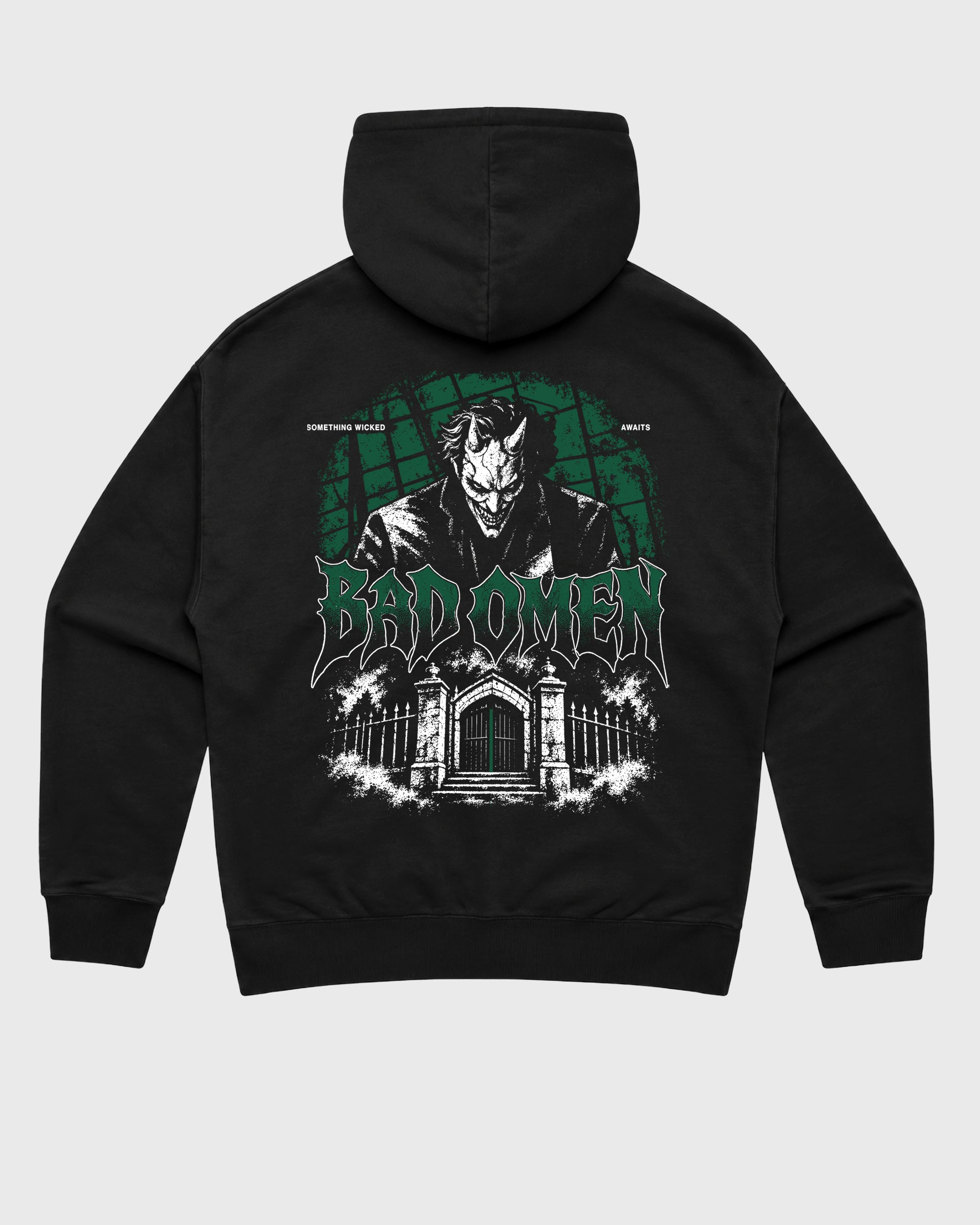 Devils Gate Black Graphic Hoodie - 3, a graphic sneaker hoodie styled around AJ14 Forest Green sneakers for a relaxed streetwear and sneaker look.