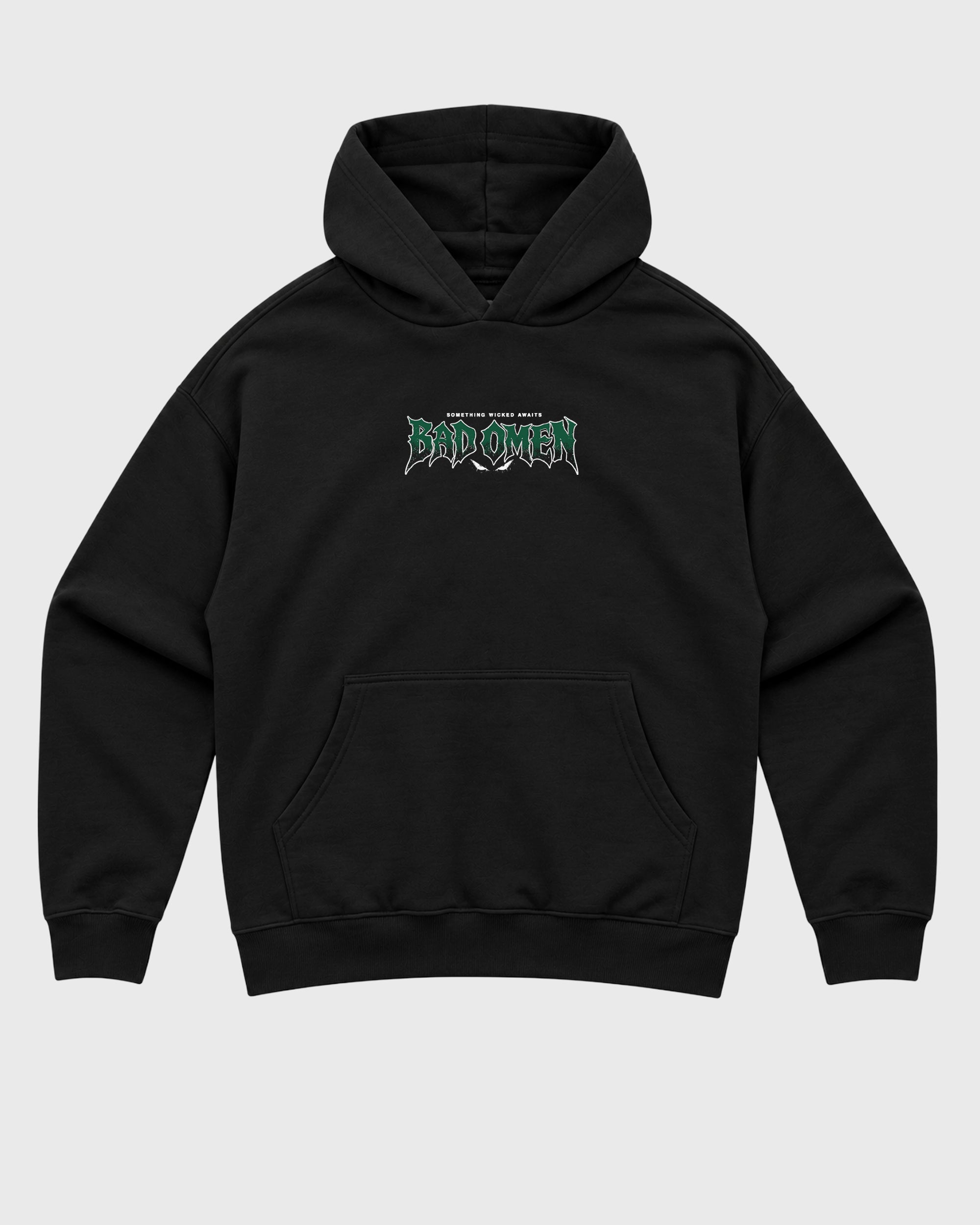 Devils Gate Black Graphic Hoodie - 3, a graphic sneaker hoodie styled around AJ14 Forest Green sneakers for a relaxed streetwear and sneaker look.