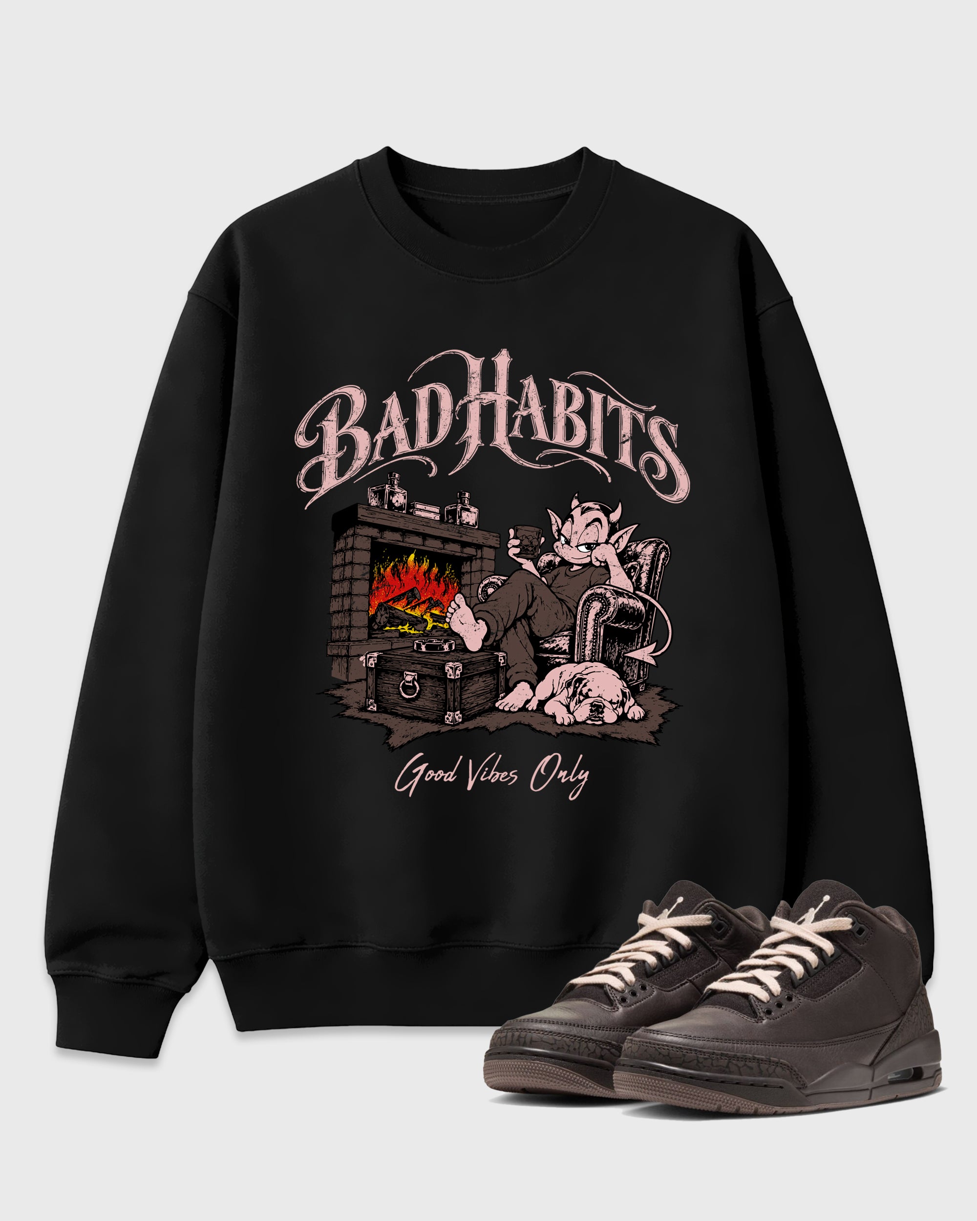 Devil's Lounge Graphic T-Shirt featuring original streetwear artwork designed to match the Air Jordan 3 Fireside. Black 1 Graphic Tee.