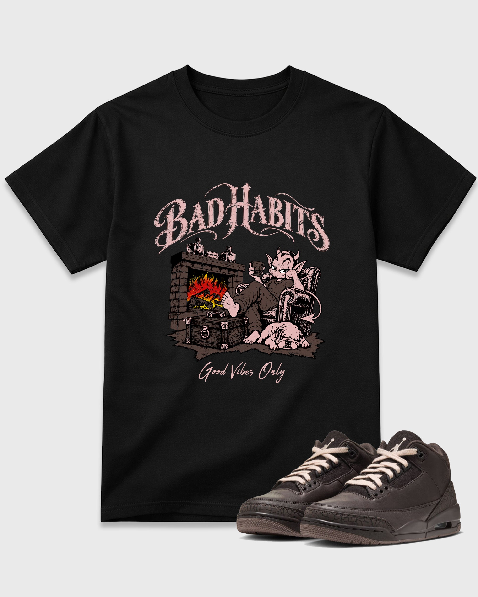 Devil's Lounge Graphic T-Shirt featuring original streetwear artwork designed to match the Air Jordan 3 Fireside. Black 1 Graphic T-Shirt.