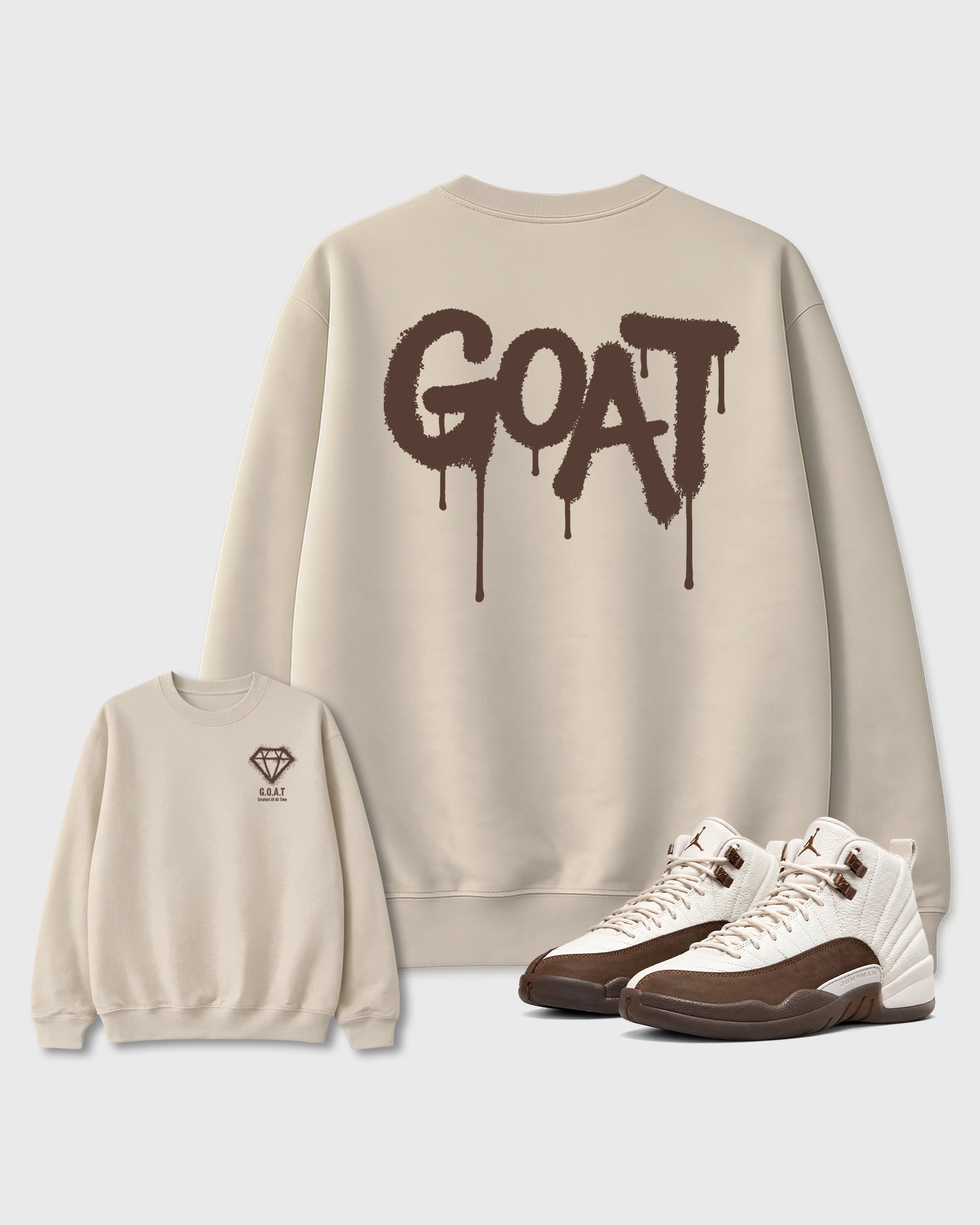 Diamond Goat Natural Graphic Sweatshirt - 1, a sneaker matching sweatshirt designed to coordinate with Air Jordan 12 Fireside sneakers for a complete sneaker outfit.