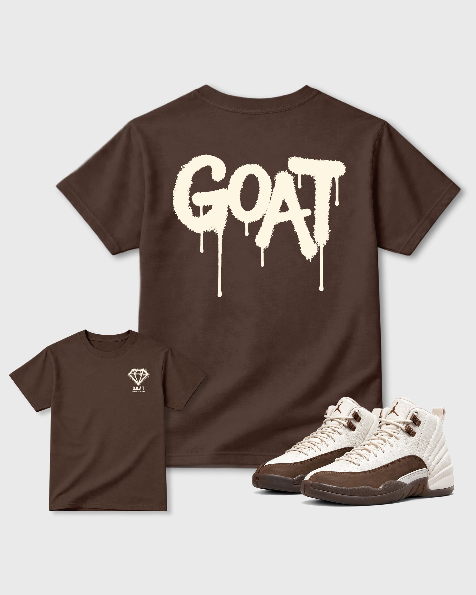Diamond Goat Dark Chocolate Front & Back Graphic T-Shirt - 1, sneaker matching tee designed to match Air Jordan 12 Fireside sneakers for a coordinated sneaker outfit.