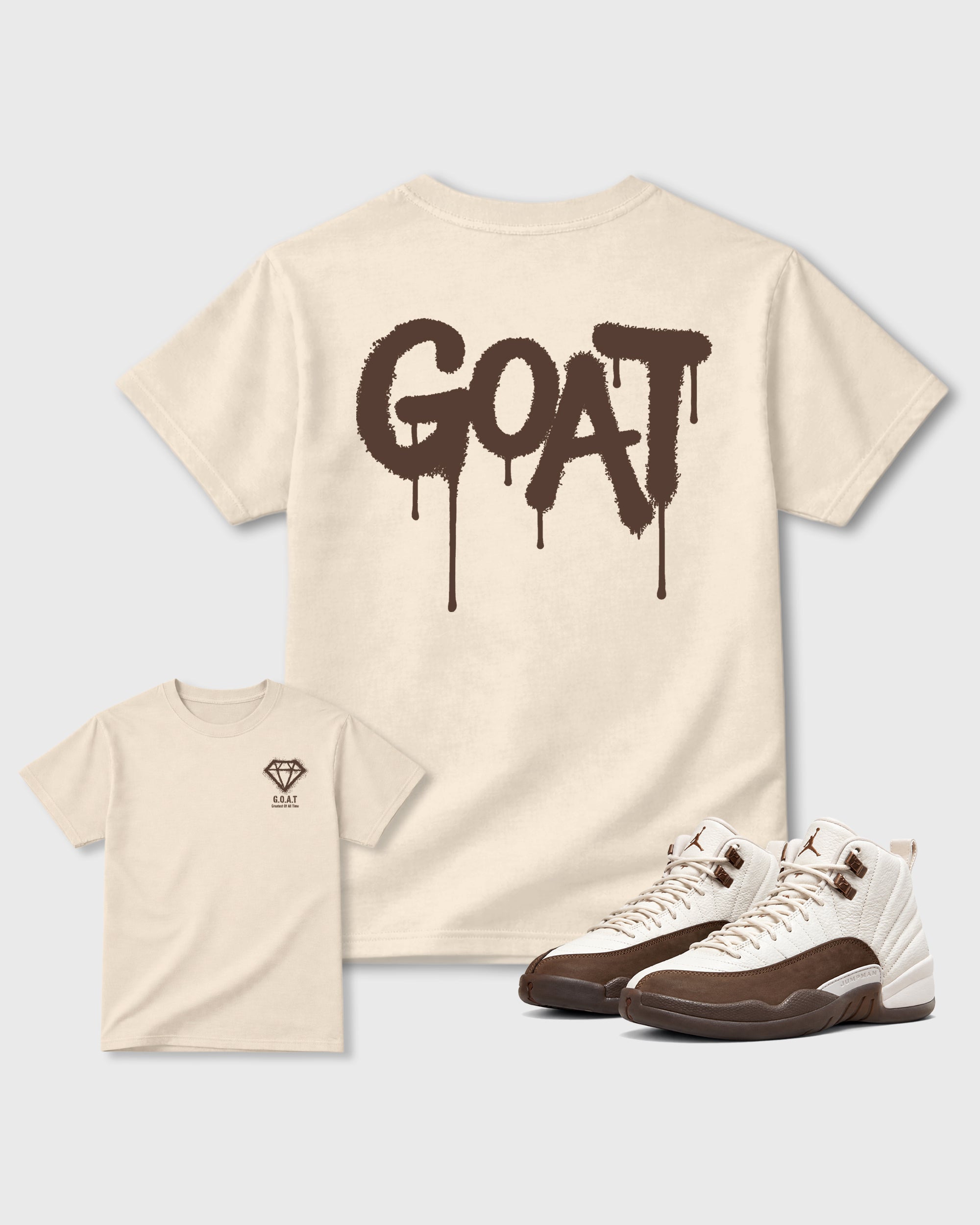 Diamond Goat Natural Front & Back Graphic T-Shirt - 3, sneaker matching shirt designed to pair with Air Jordan 12 Fireside sneakers for a coordinated streetwear outfit.