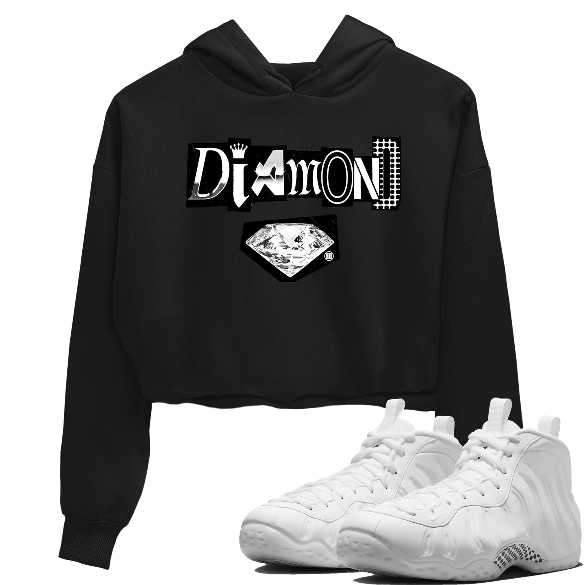Diamond Letter womens crop tee perfect shirts to match jordans the Air Foamposite One Triple White sneakers — the perfect match in Black 1.