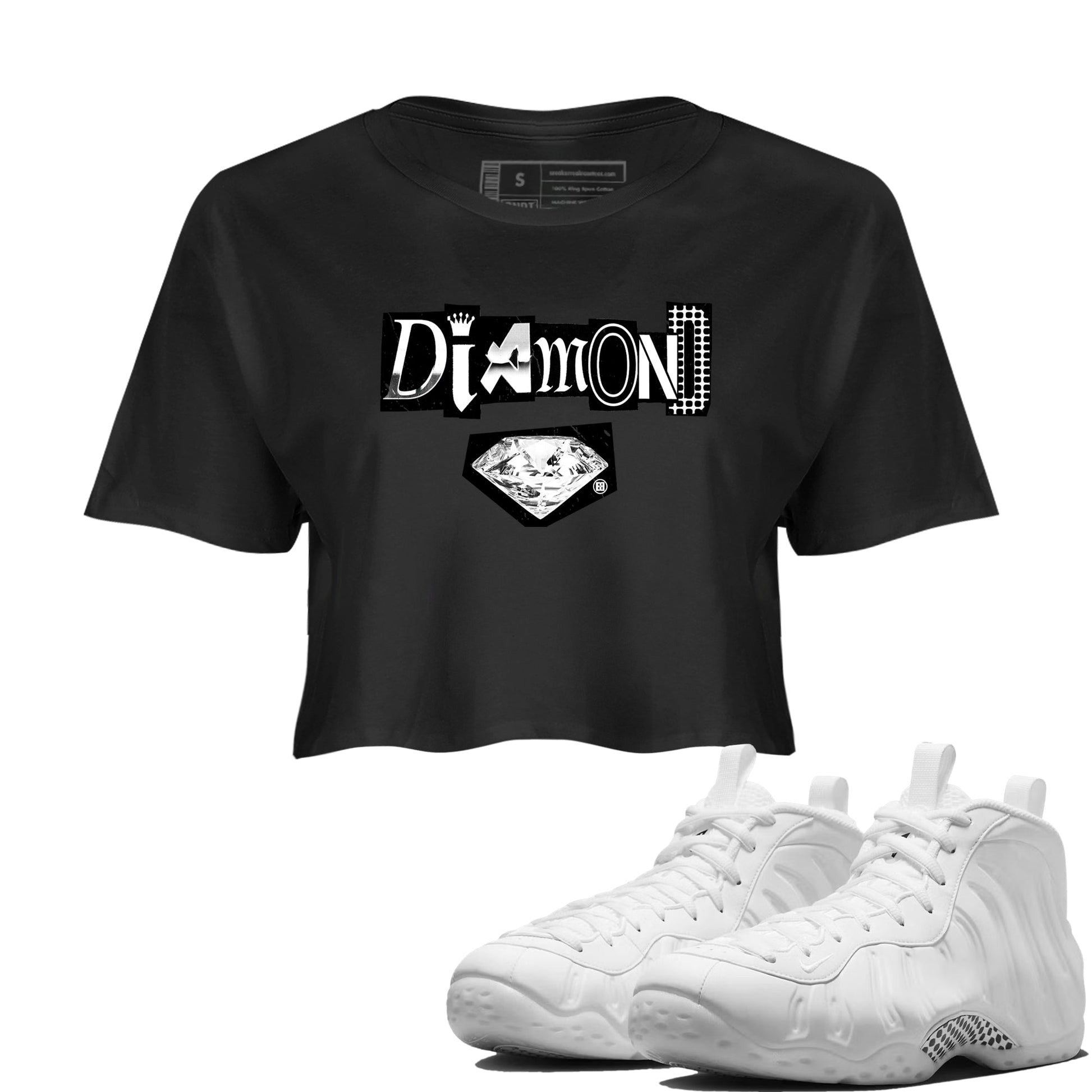 Diamond Letter womens crop tee perfect shirts to match jordans the Air Foamposite One Triple White sneakers — the perfect match in Black 1.