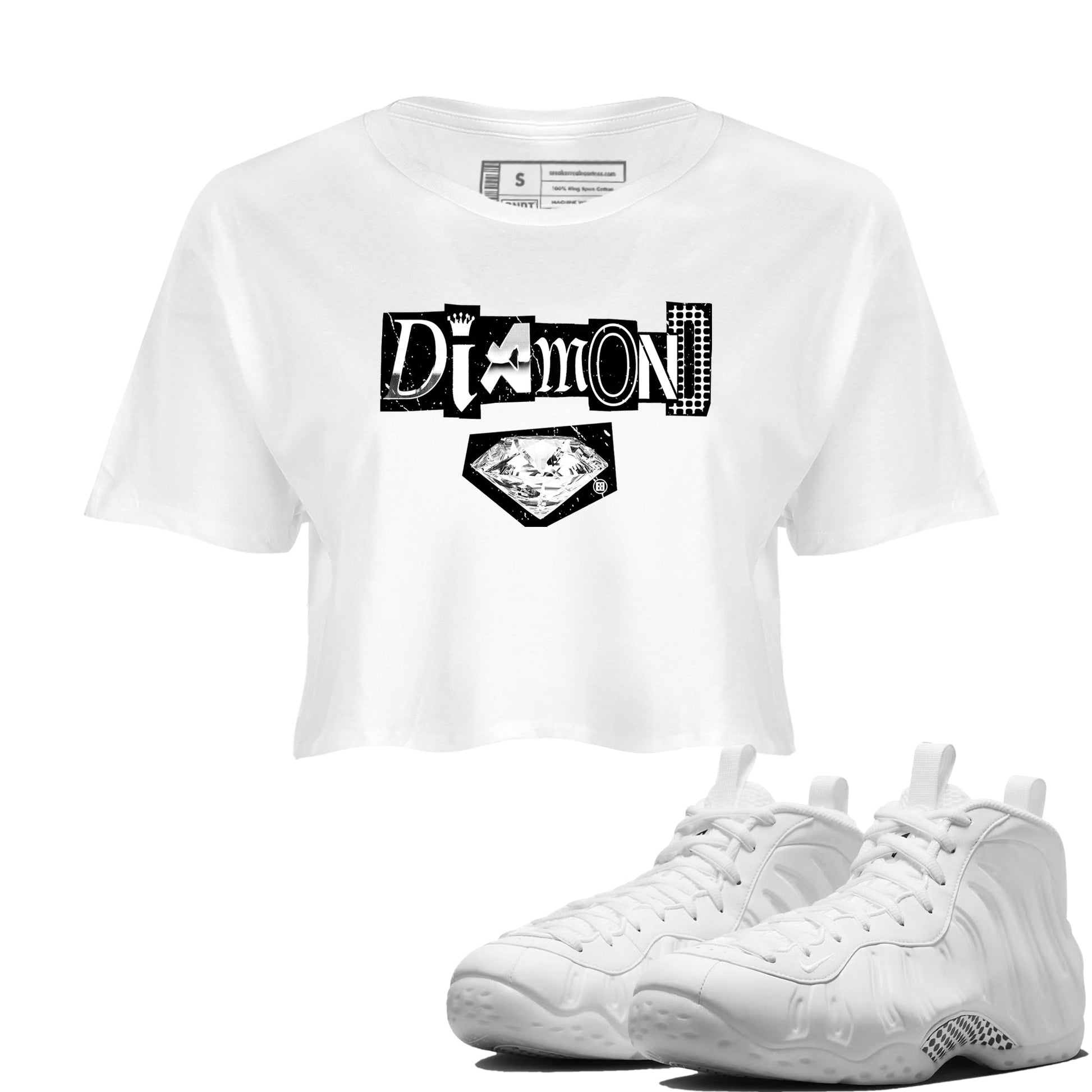 Diamond Letter womens crop tee perfect shirts to match jordans the Air Foamposite One Triple White sneakers — the perfect match in White 1.