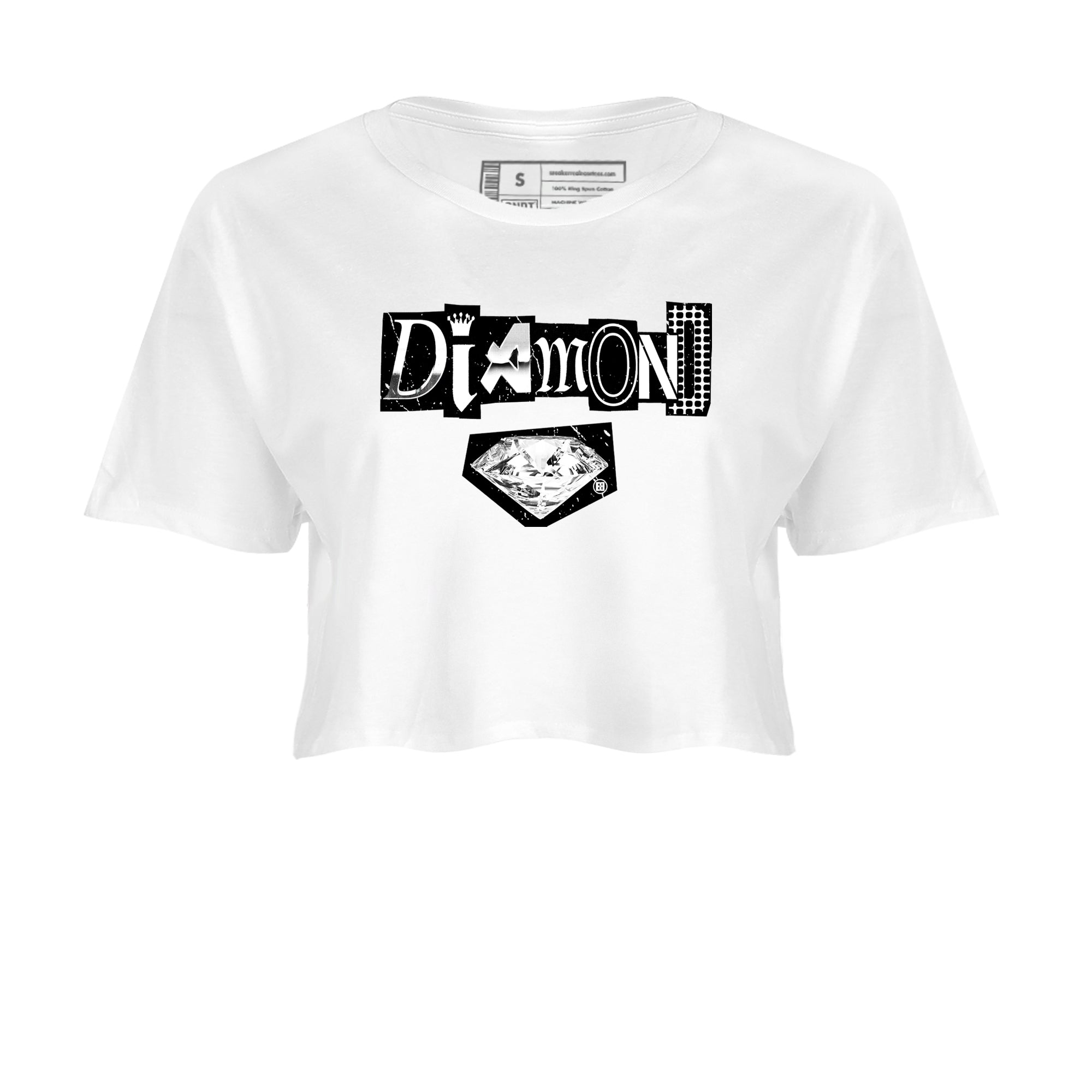 Diamond Letter womens crop tee perfect shirts to match jordans the Air Foamposite One Triple White sneakers — the perfect match in White 2.
