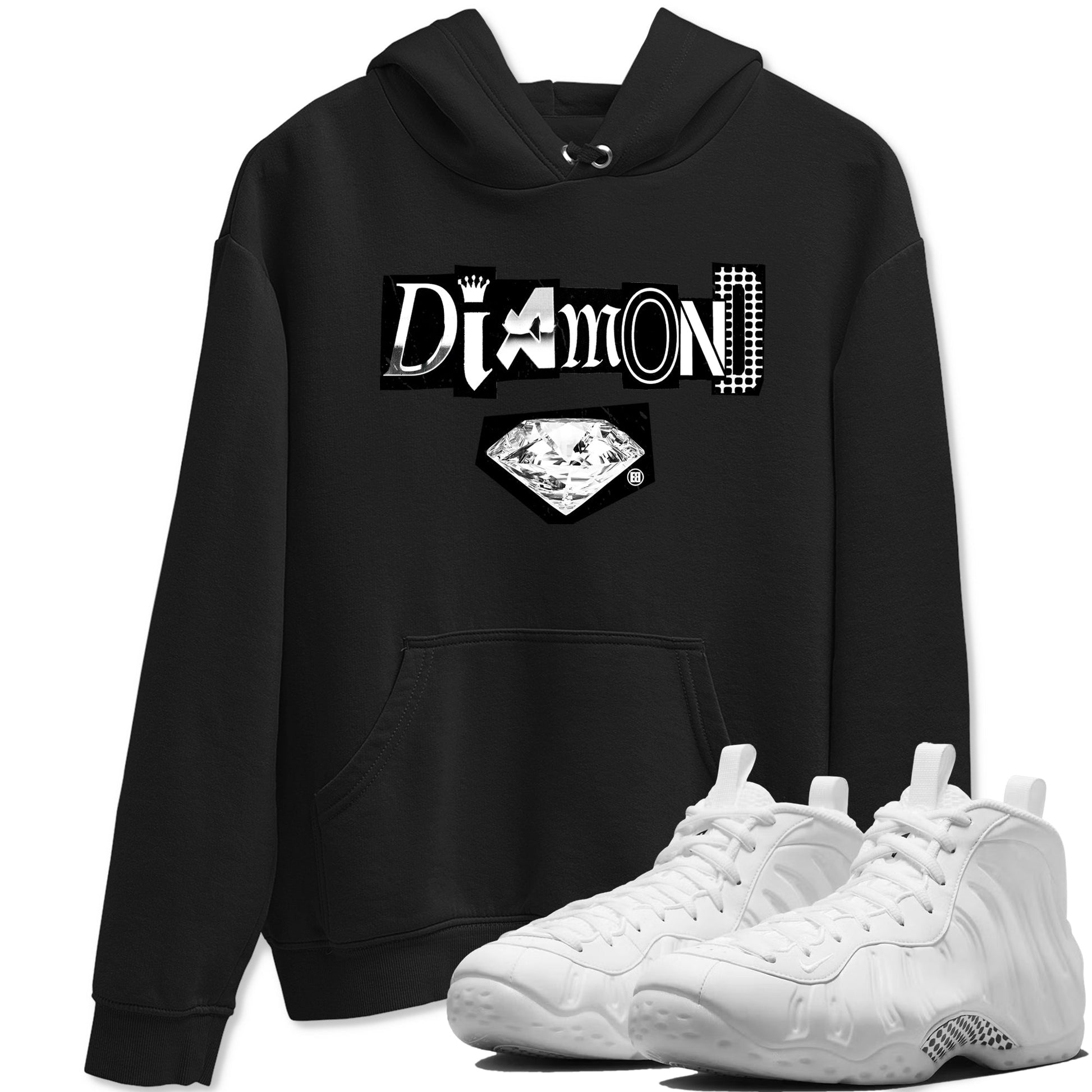 Diamond Letter sneaker match t-shirt styled to complete your fit with the Air Foamposite One Triple White sneakers, graphic shirts in Black 1.