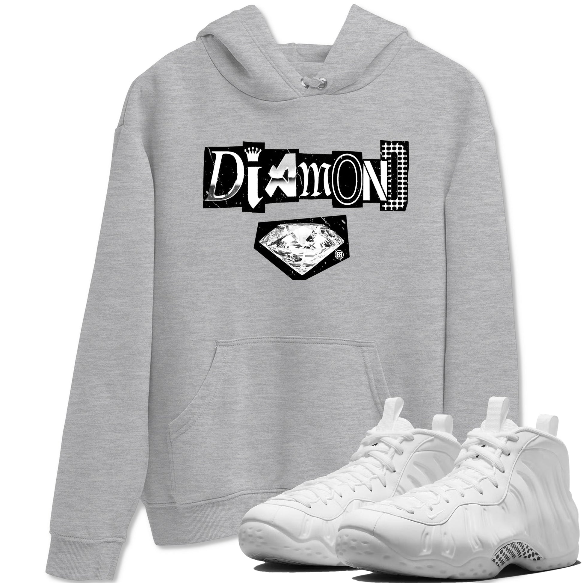 Diamond Letter sneaker match t-shirt styled to complete your fit with the Air Foamposite One Triple White sneakers, graphic shirts in Heather Grey 1.