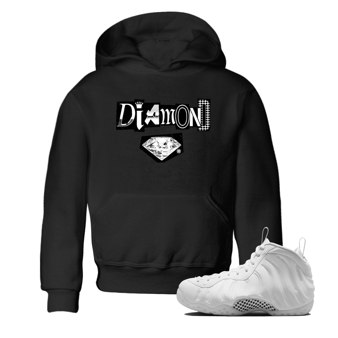 Diamond Letter baby and kids t-shirt crafted for little sneakerheads to shine with the Air Foamposite One Triple White sneakers, displayed in Black 1.