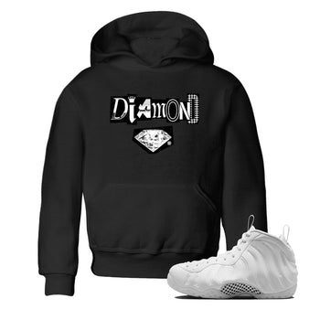 Diamond Letter baby and kids t-shirt crafted for little sneakerheads to shine with the Air Foamposite One Triple White sneakers, displayed in Black 1.