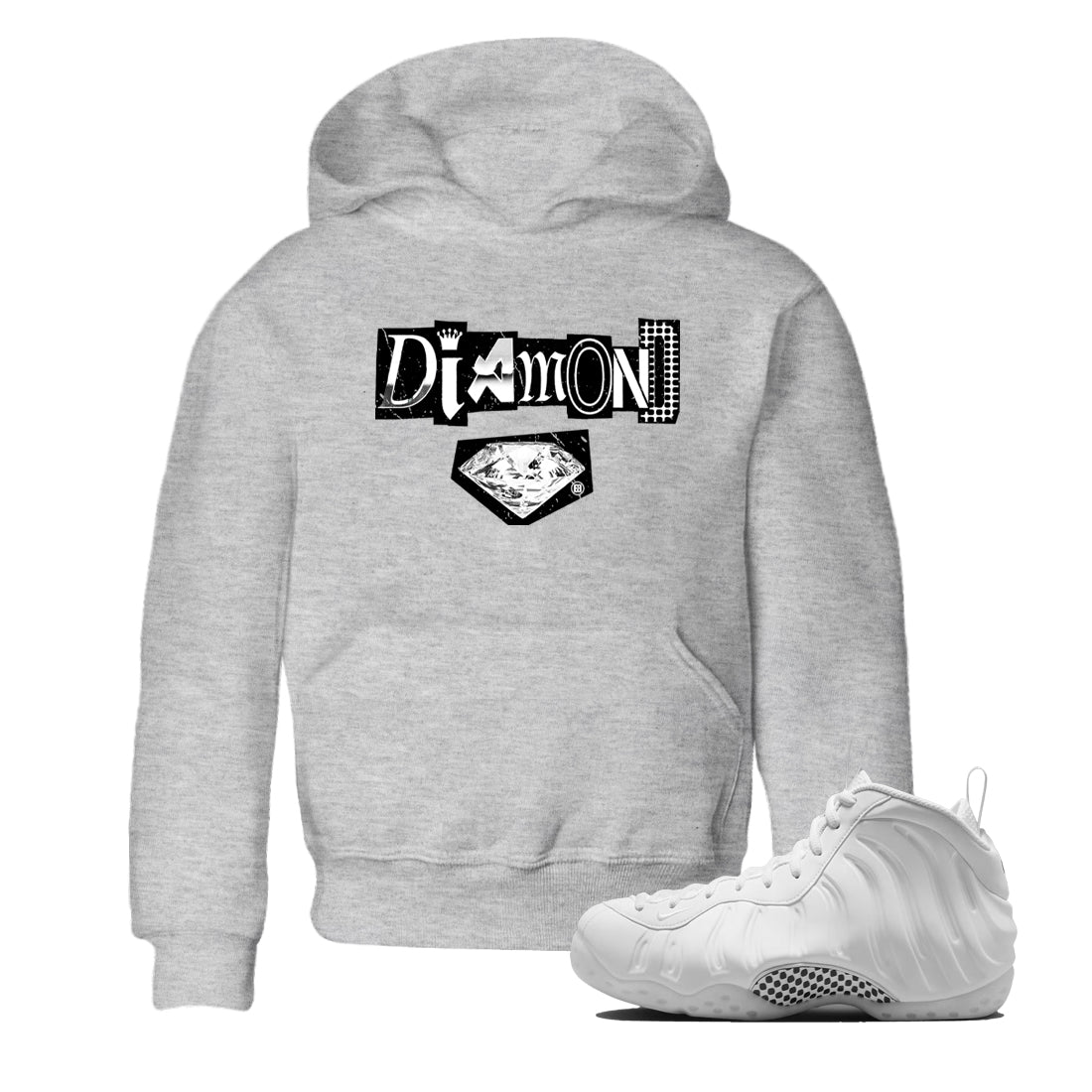 Diamond Letter baby and kids t-shirt crafted for little sneakerheads to shine with the Air Foamposite One Triple White sneakers, displayed in Heather Grey 1.