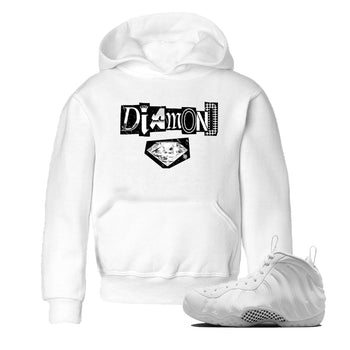 Diamond Letter baby and kids t-shirt crafted for little sneakerheads to shine with the Air Foamposite One Triple White sneakers, displayed in White 1.