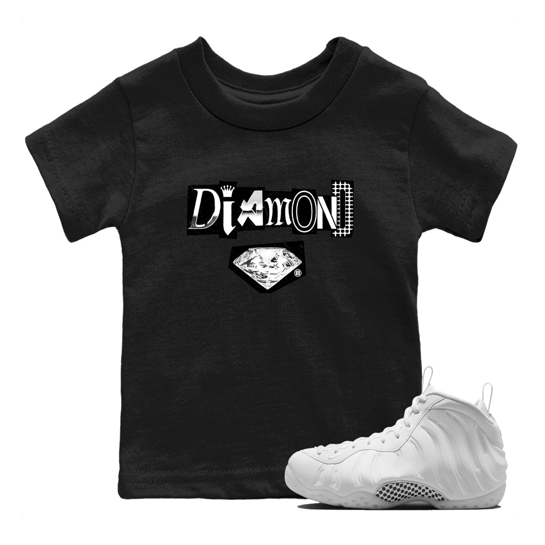 Diamond Letter baby and kids t-shirt crafted for little sneakerheads to shine with the Air Foamposite One Triple White sneakers, displayed in Black 1.