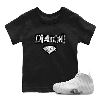 Diamond Letter baby and kids t-shirt crafted for little sneakerheads to shine with the Air Foamposite One Triple White sneakers, displayed in Black 1.