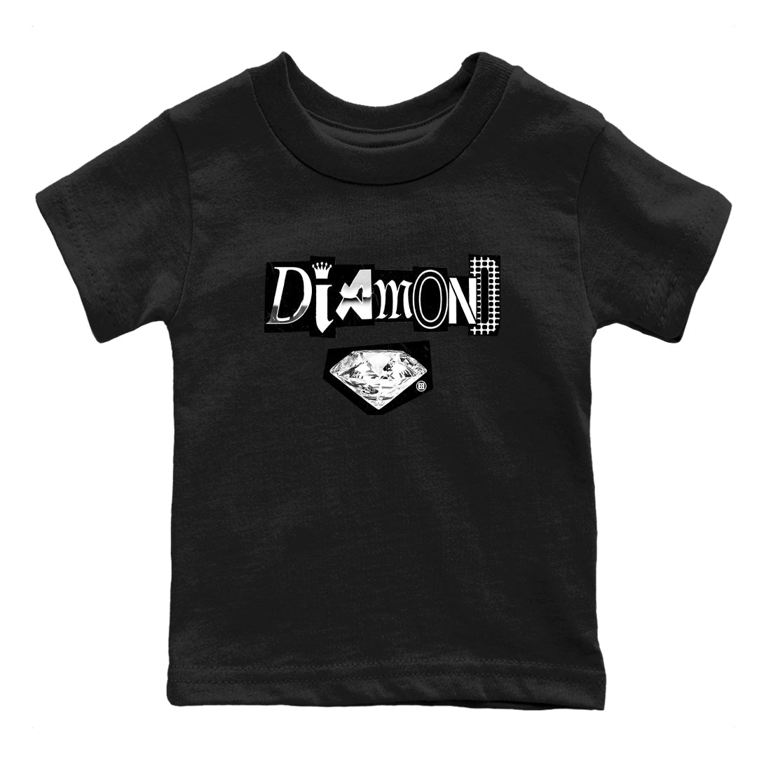 Diamond Letter baby and kids t-shirt crafted for little sneakerheads to shine with the Air Foamposite One Triple White sneakers, displayed in Black 2.