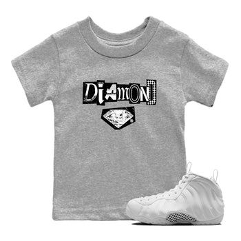 Diamond Letter baby and kids t-shirt crafted for little sneakerheads to shine with the Air Foamposite One Triple White sneakers, displayed in Heather Grey 1.