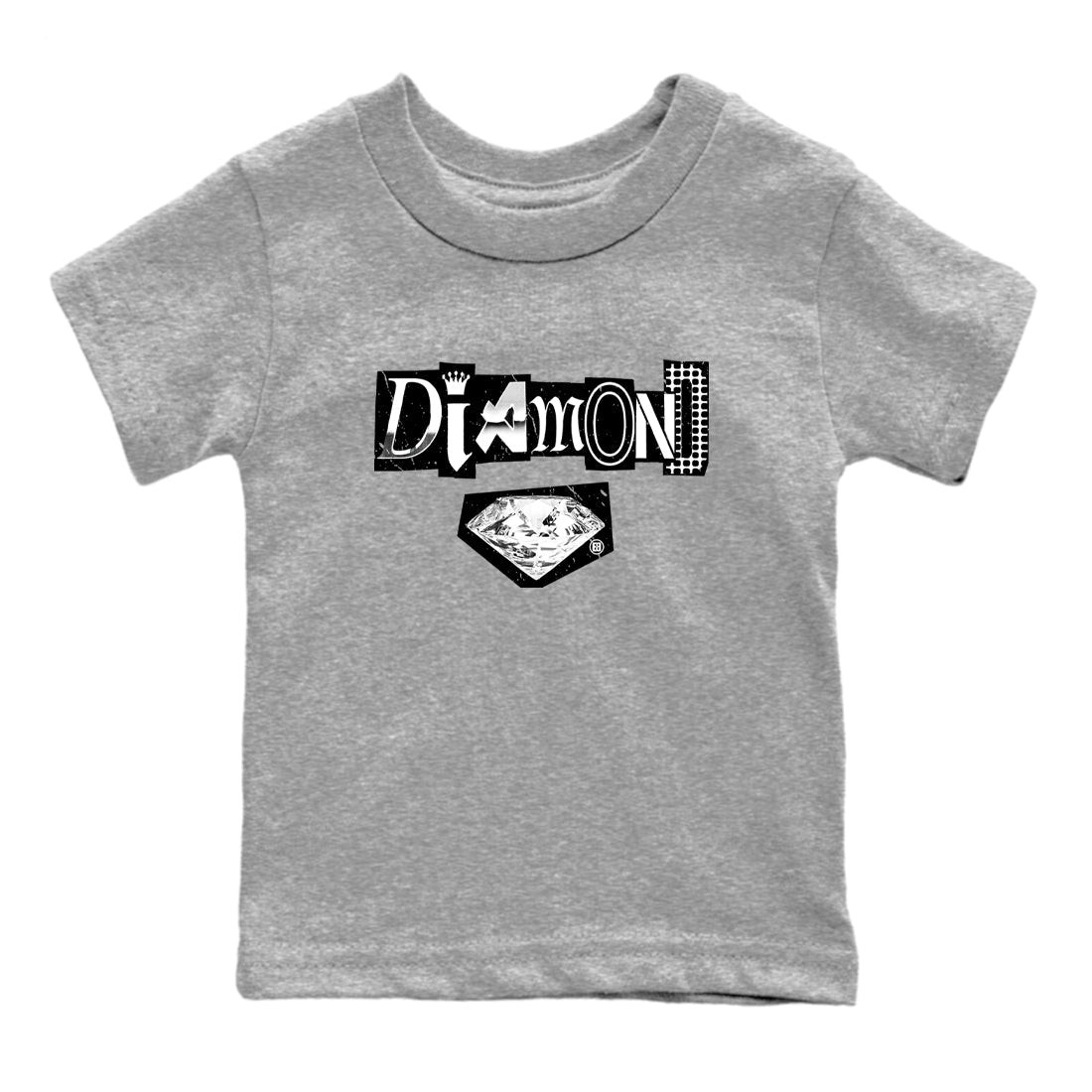 Diamond Letter baby and kids t-shirt crafted for little sneakerheads to shine with the Air Foamposite One Triple White sneakers, displayed in Heather Grey 2.